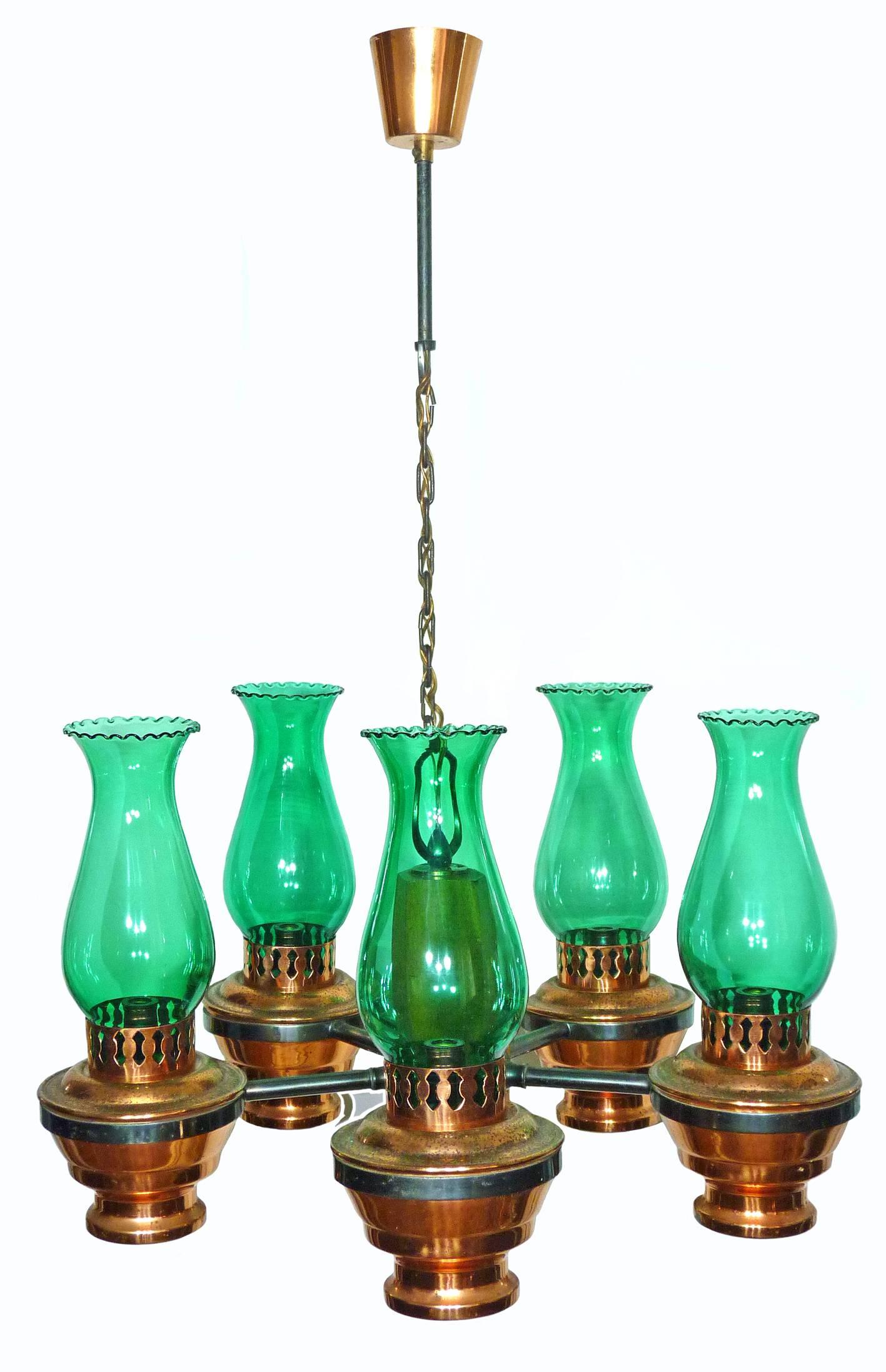 20th Century Colonial French Country Copper and Wood Chandelier Oil Lamp w Green Glass Shades
