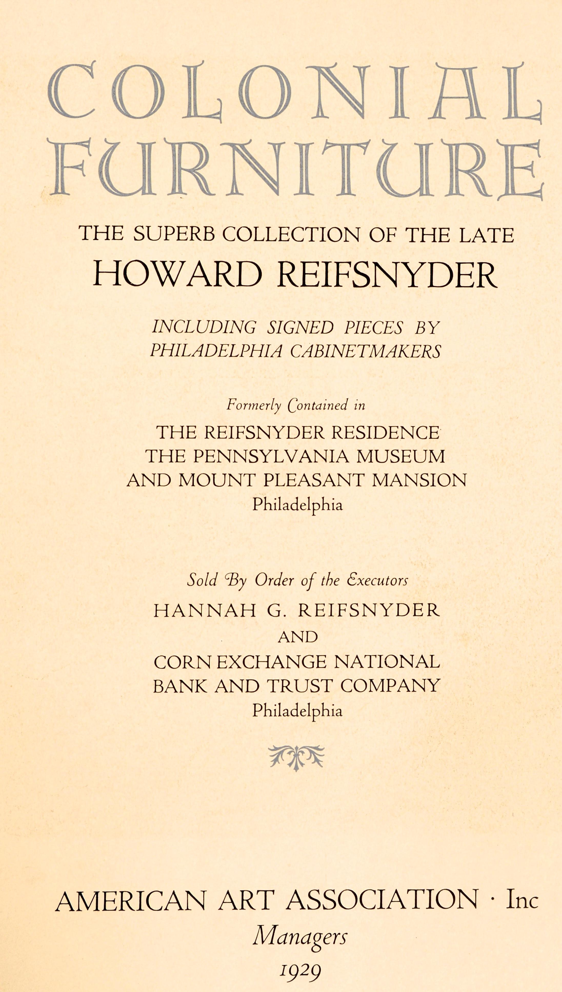 Américain Meubles coloniaux : The Superb Collection of the late Howard Reifsnyder, 1st Ed en vente