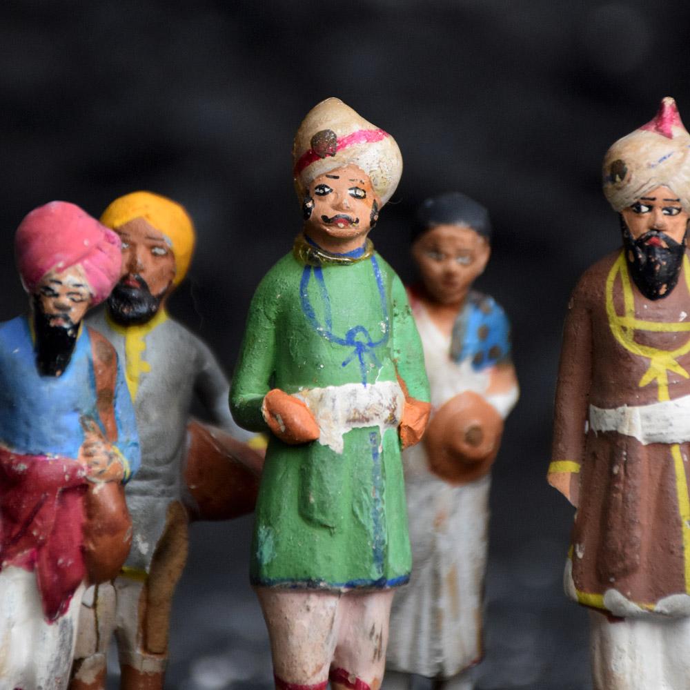 19th century clay Indian figures
We are proud to offer a collection of late 19th century clay over wire framed Indian figures. Handcrafted and painted detail, these 10 figures are wire formed over clay. Each figure represents a figure of the Indian