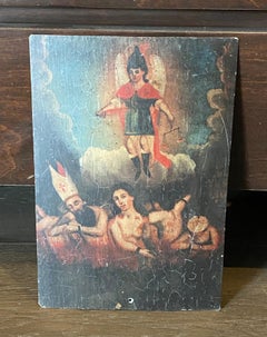Colonial Mexican Folk Art Ex-Voto Retablo Painting Angel Michael in Hell, 1800s
