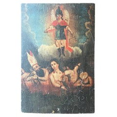 Colonial Mexican Folk Art Ex-Voto Retablo Painting Angel Michael in Hell, 1800s