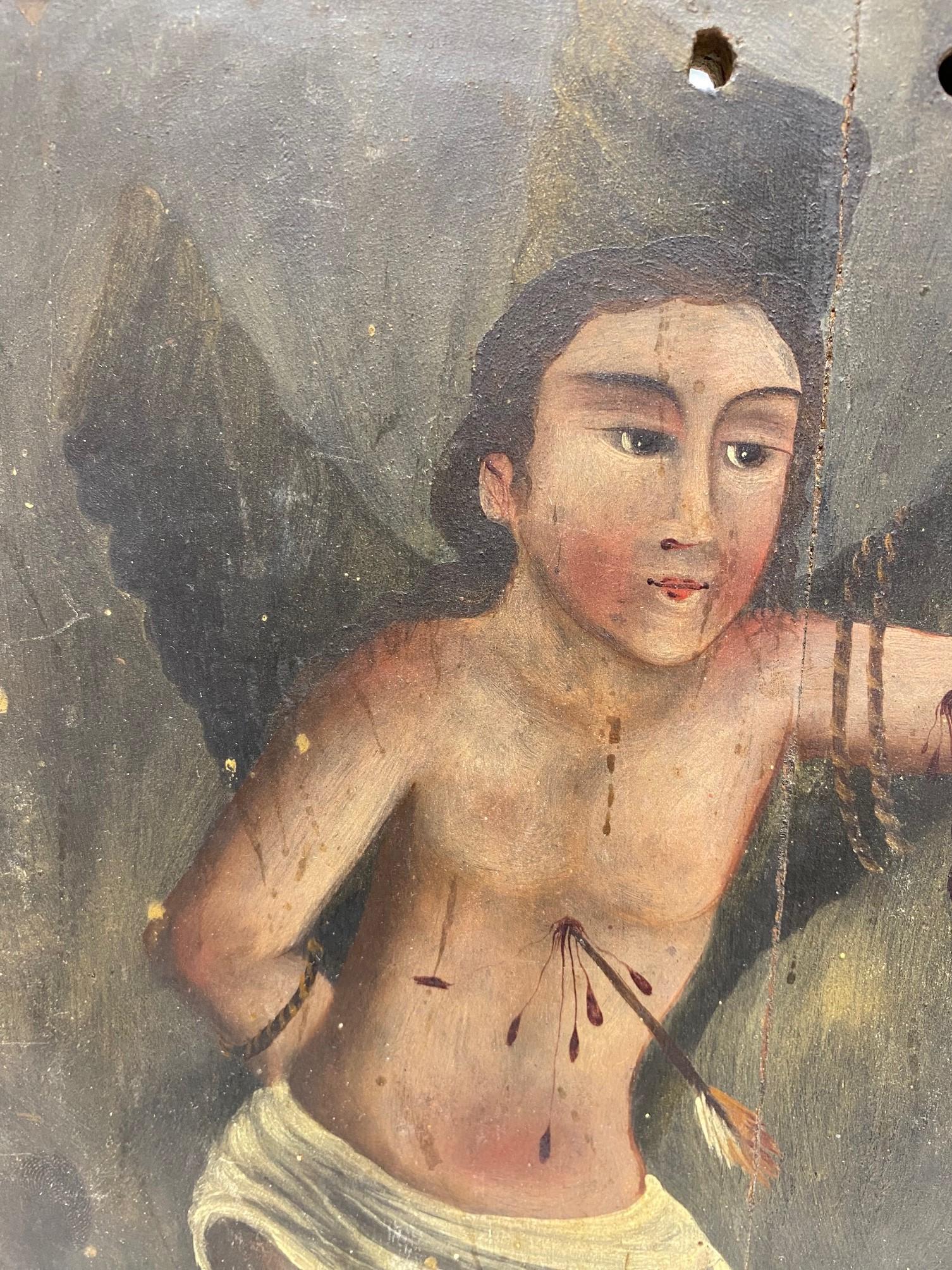 Colonial Mexican Folk Art Ex-Voto Retablo Painting of Jesus Angel Saint 1800s For Sale 7