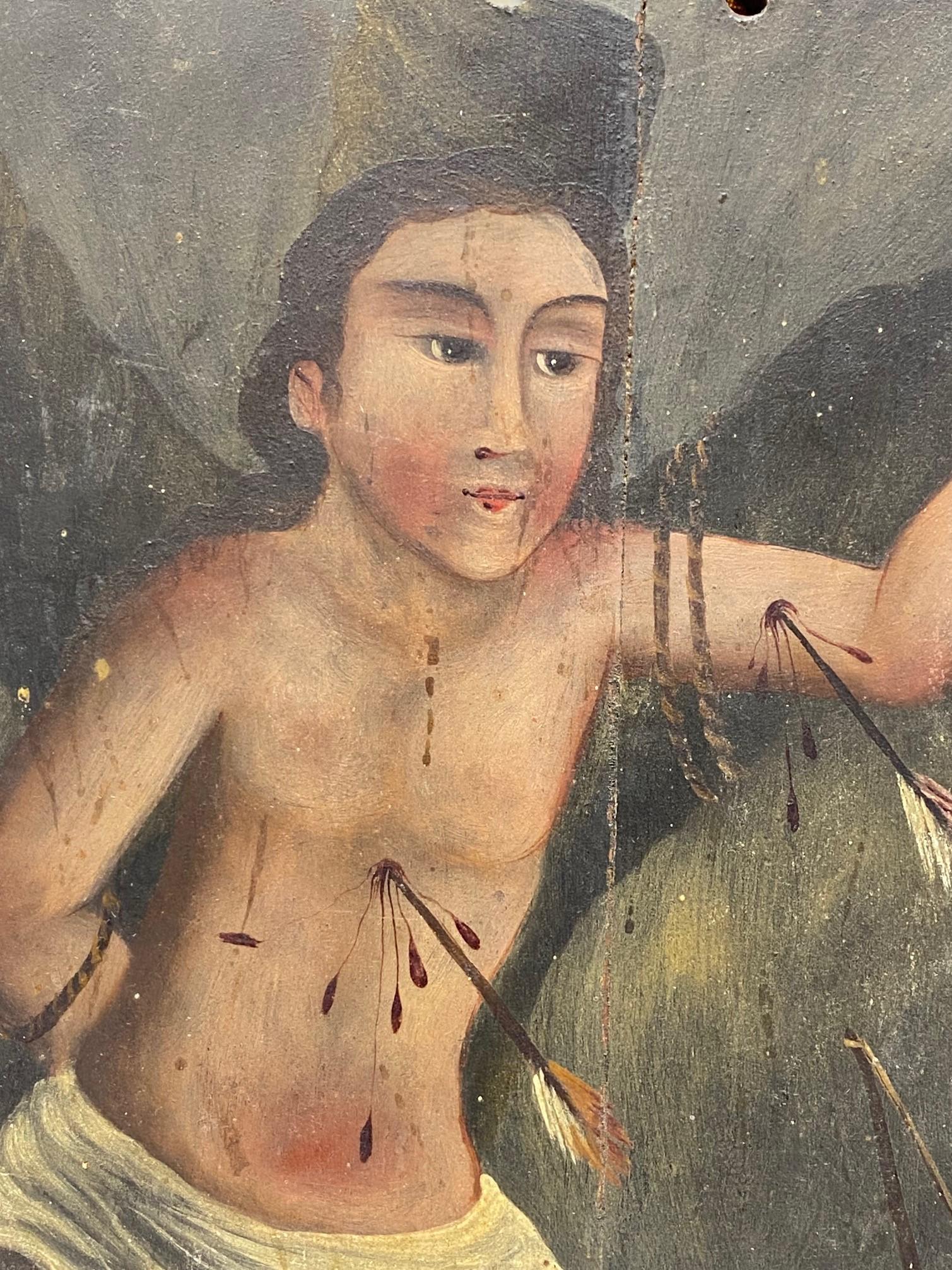 Hand-Painted Colonial Mexican Folk Art Ex-Voto Retablo Painting of Jesus Angel Saint 1800s For Sale