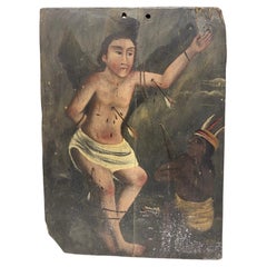 Antique Colonial Mexican Folk Art Ex-Voto Retablo Painting of Jesus Angel Saint 1800s