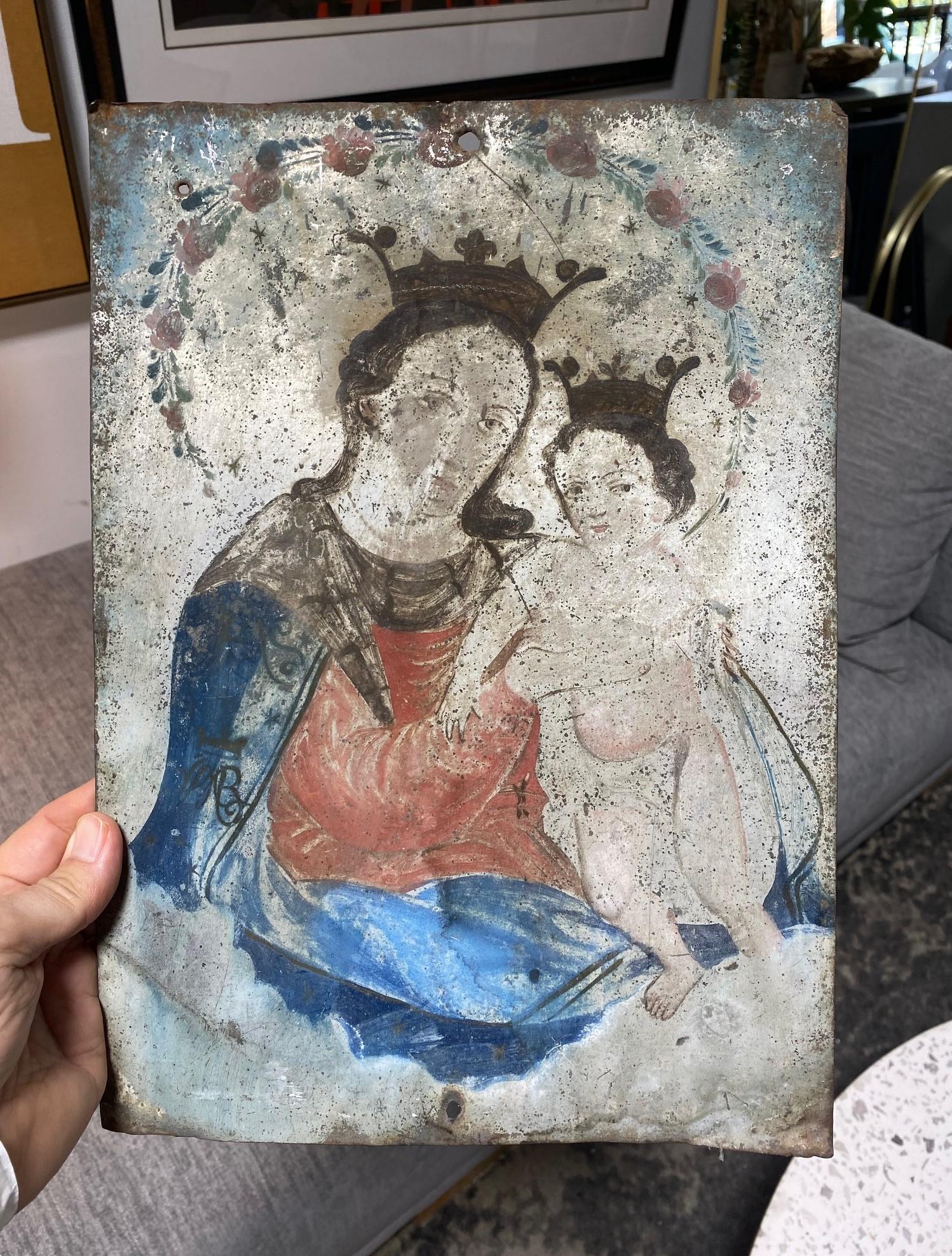 Colonial Mexican Folk Art Ex-Voto Retablo Painting of Mother Mary & Jesus, 1800s For Sale 12