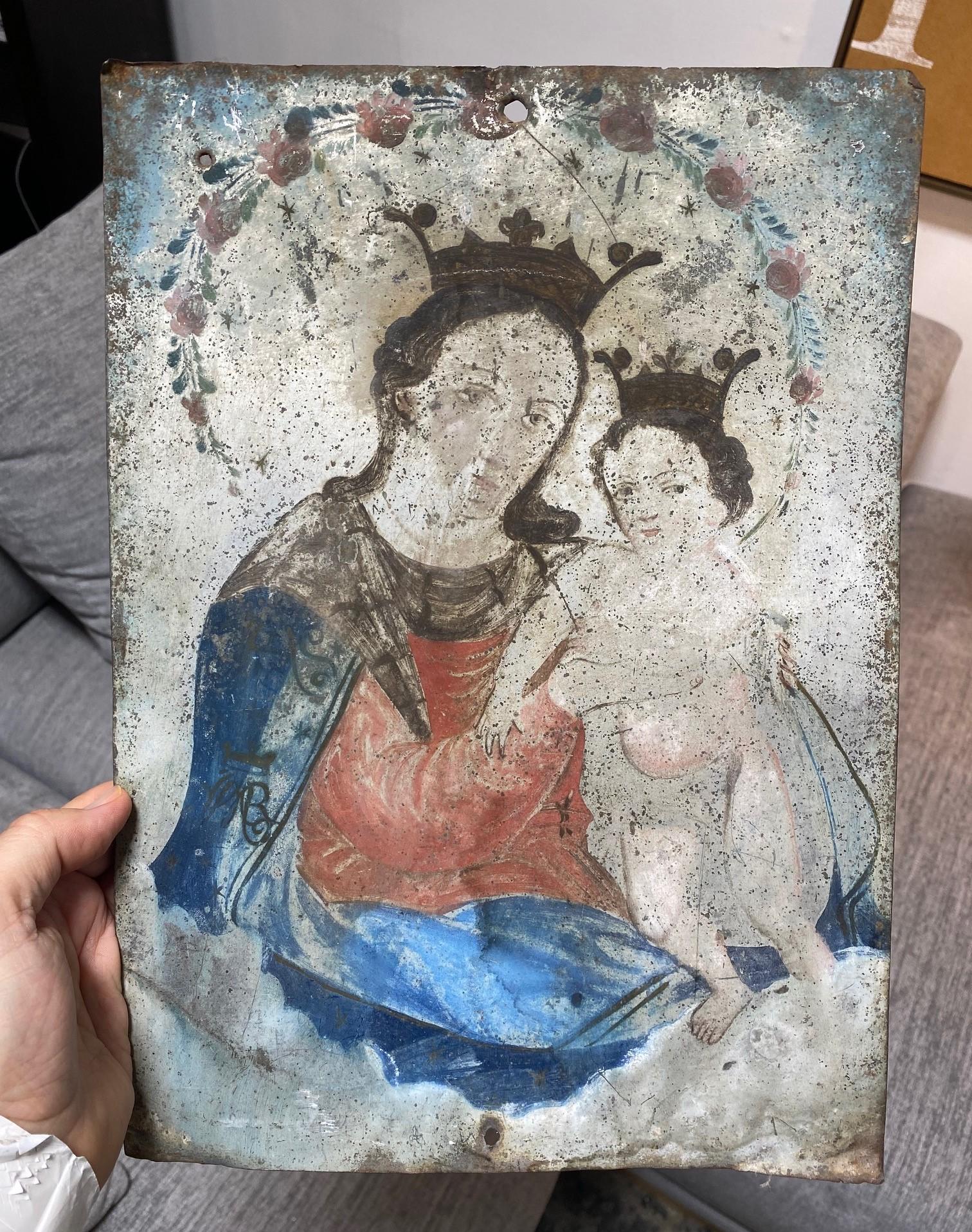 Colonial Mexican Folk Art Ex-Voto Retablo Painting of Mother Mary & Jesus, 1800s For Sale 14