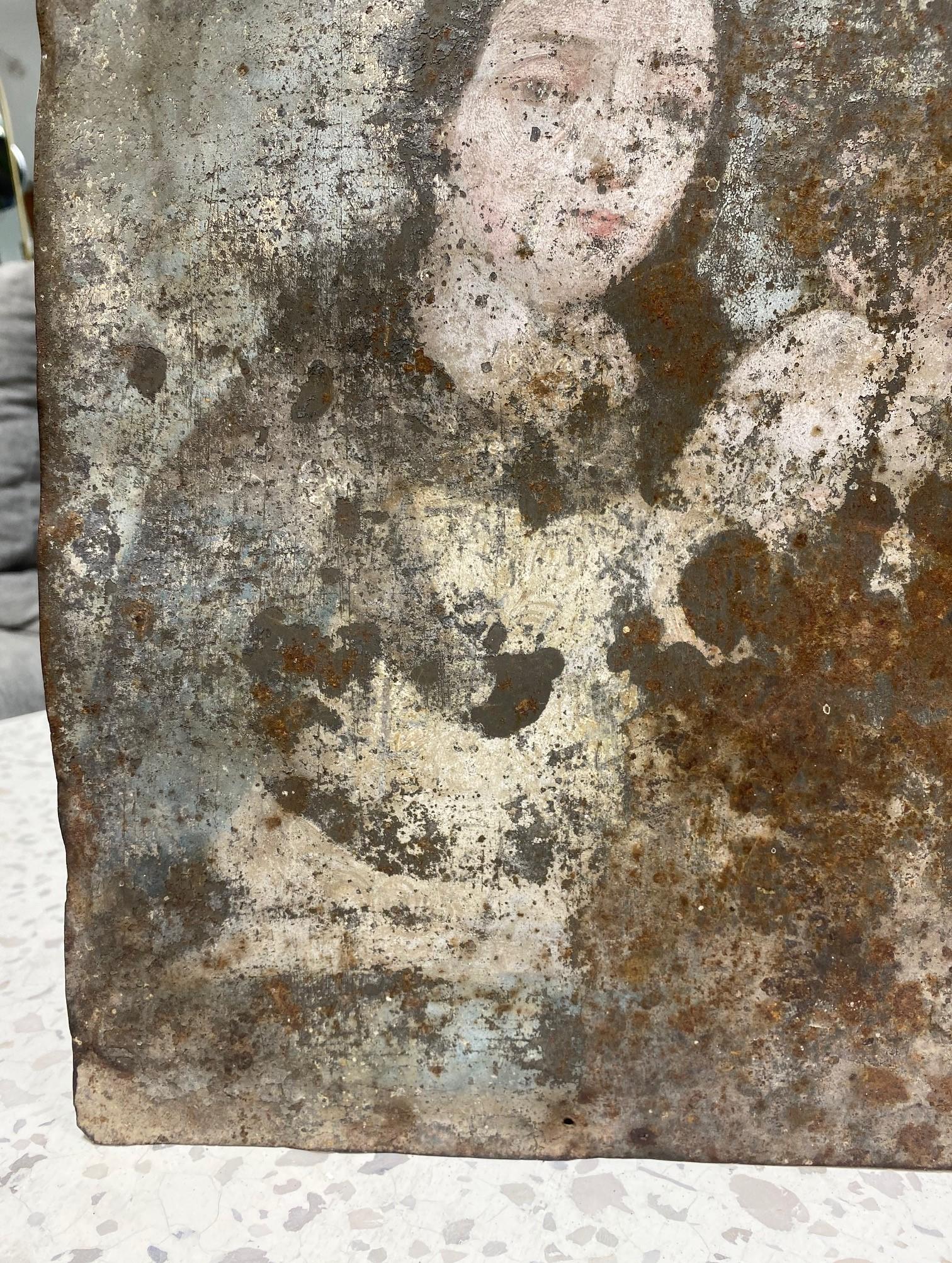 Mexikanische Kolonial-Volkskunst aus der Kolonialzeit Ex-Voto Retablo-Gemälde von Mutter Maria und Jesus, 1800er Jahre (Metall) im Angebot