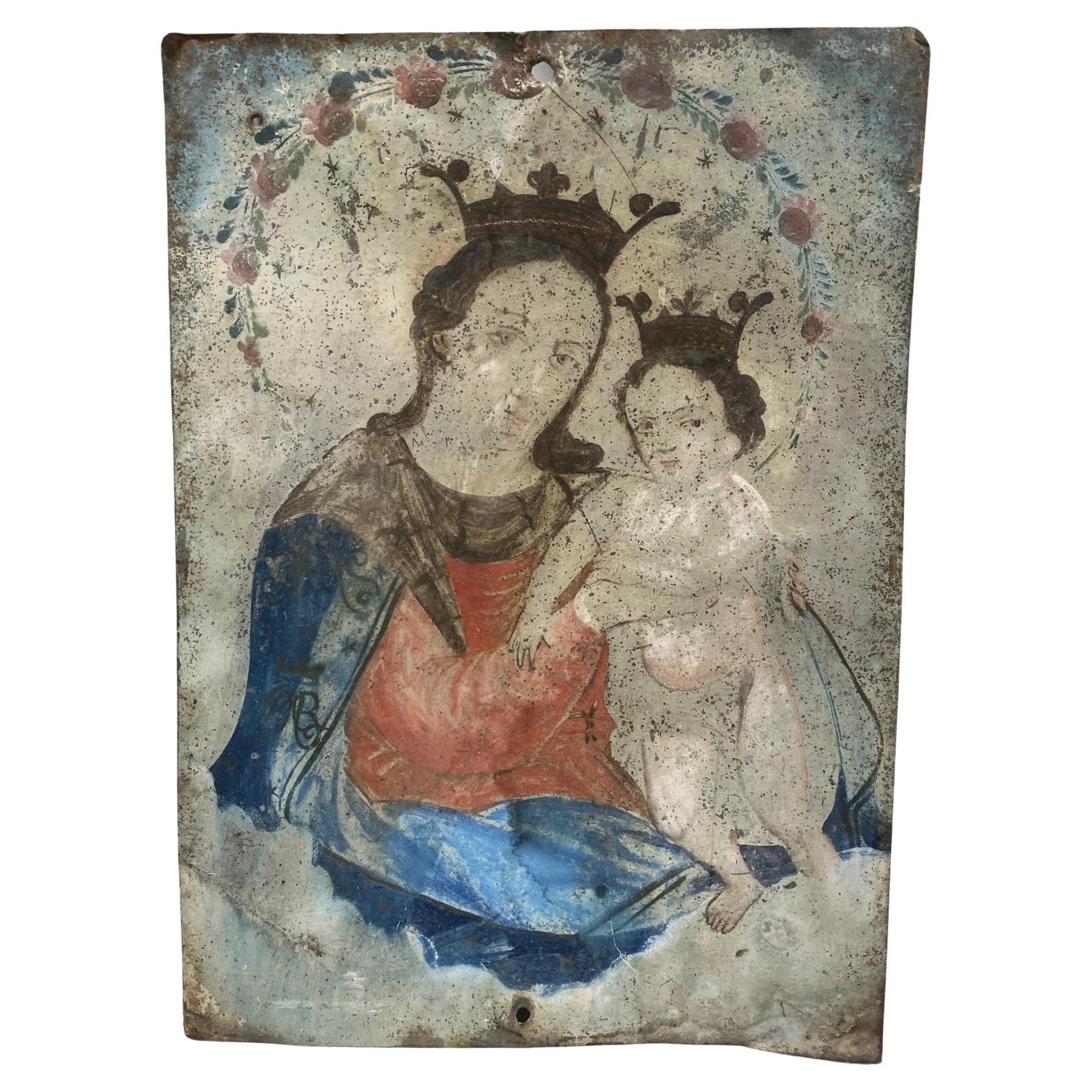 Colonial Mexican Folk Art Ex-Voto Retablo Painting of Mother Mary & Jesus, 1800s For Sale