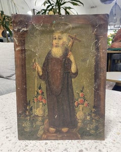 Colonial Mexican Folk Art Ex-Voto Retablo Painting of Saint Francis, 1800s