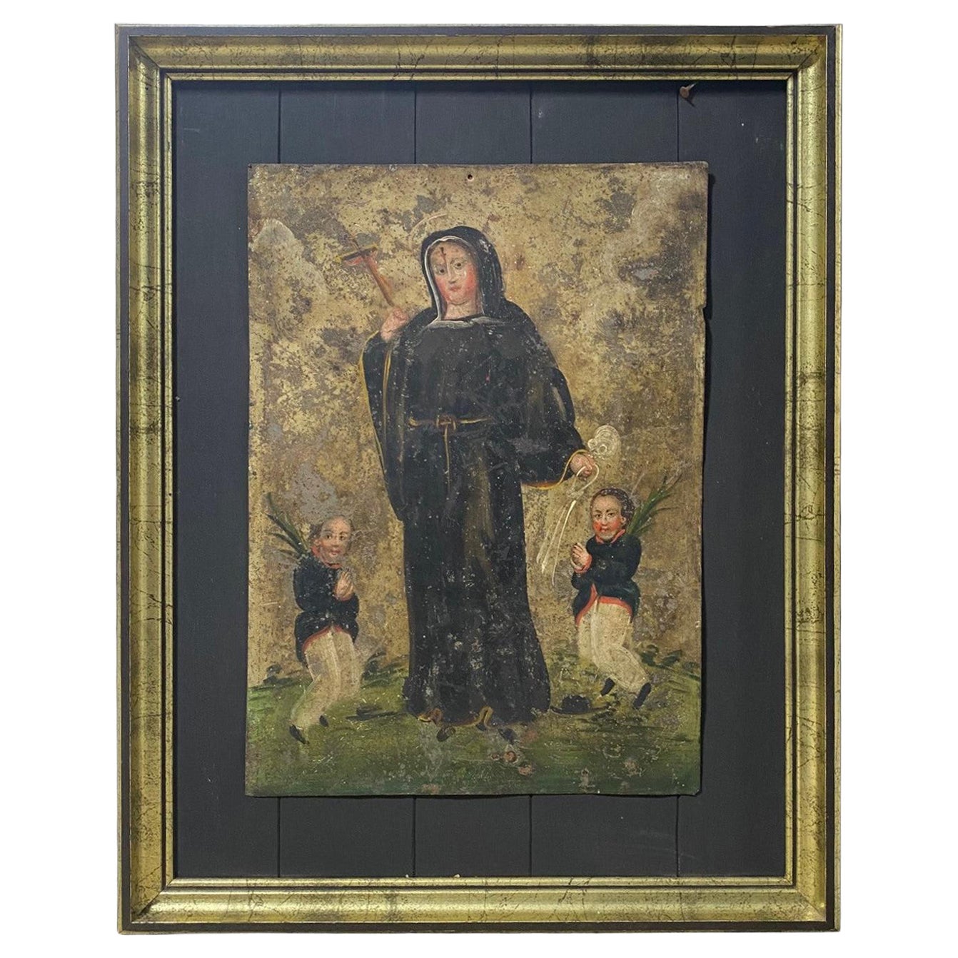 Colonial Mexican Folk Art Ex-Voto Retablo Painting of Saint Rita De Cascia 1800s