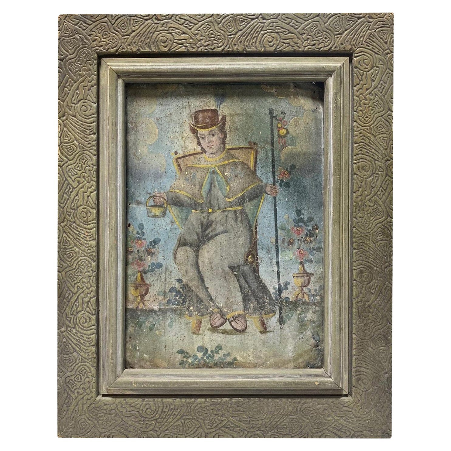 Koloniale mexikanische Volkskunst Ex-Voto Retablo Gemälde von Santo Niño de Atocha 1800s