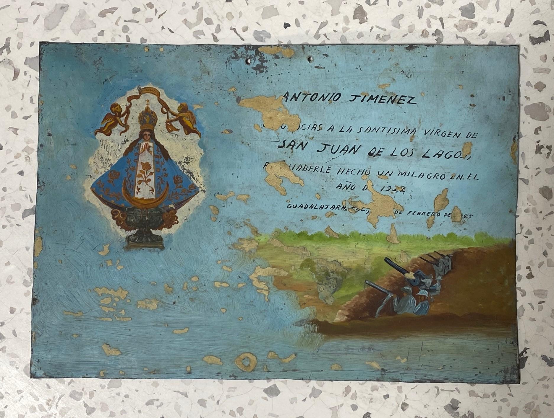 A beautiful early to mid-20th century Colonial Mexican Folk Art ex-voto retablo lámina painting featuring the Virgin of Guadalupe.

The work is hand painted on metal (likely tin). Ex-votos and retablos are often placed above the altars in churches
