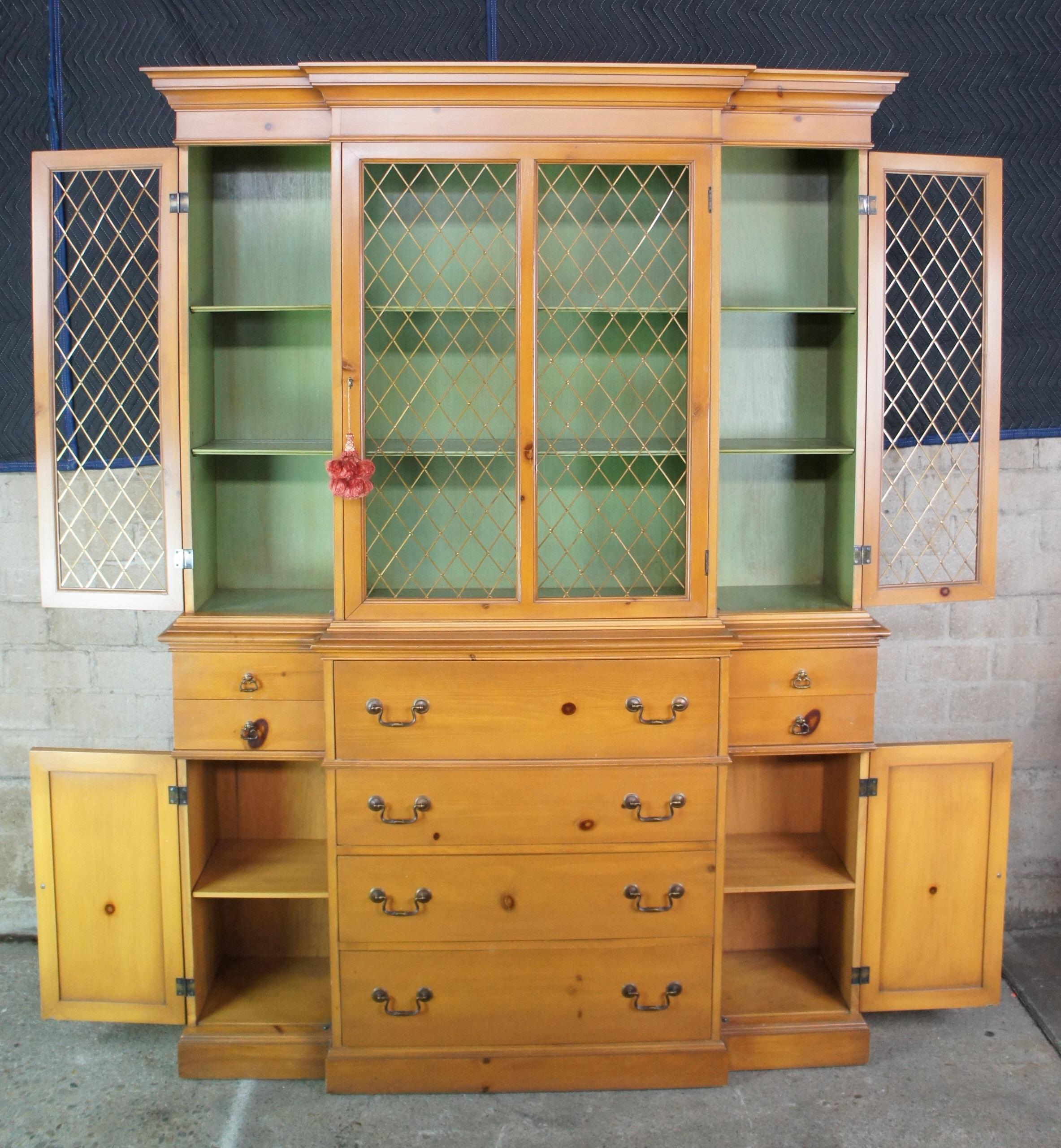 American Classical Colonial MFG Co Vintage Pine Breakfront Butler Secretary Desk China Cabinet