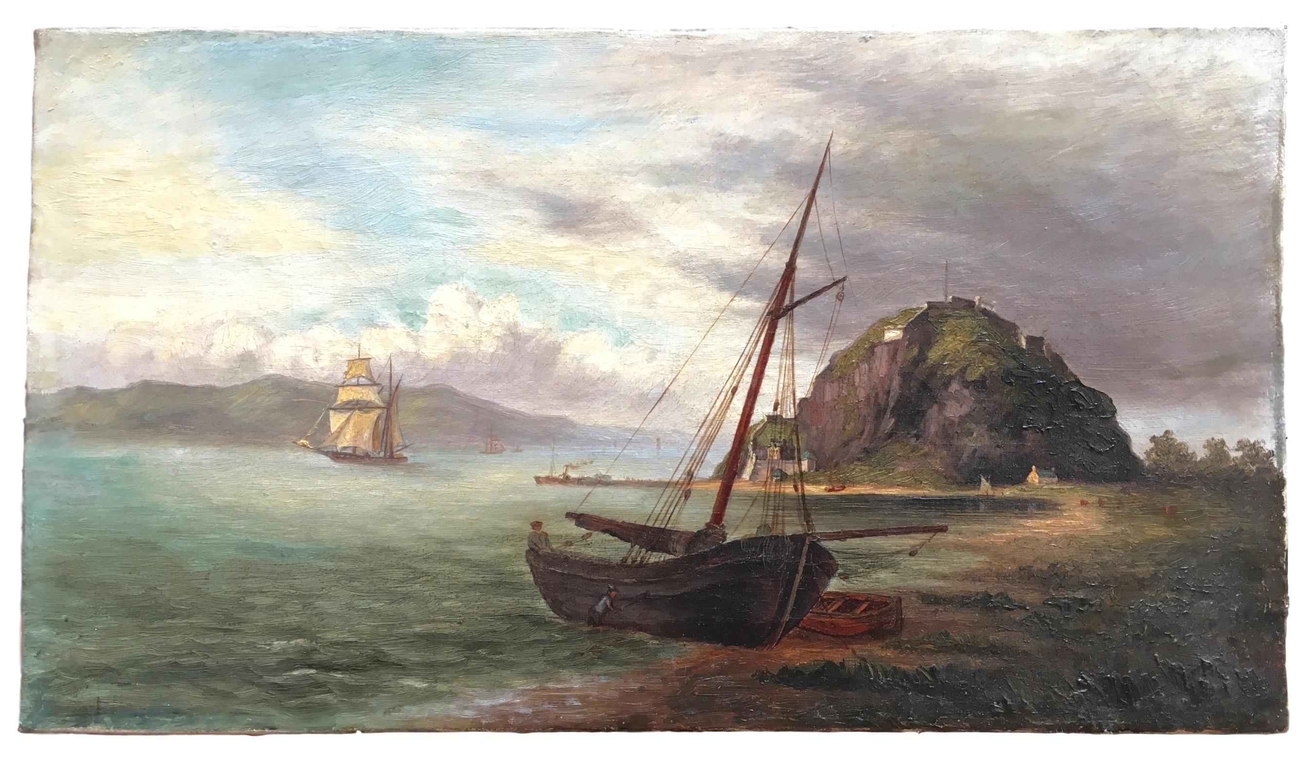This delightful colonial oil painting came from a Townsville (Queensland, Australia) estate and we can provide no provenance beyond this location. It is unsigned and untitled. We at first assumed the landmass in the background and the rocky hill in