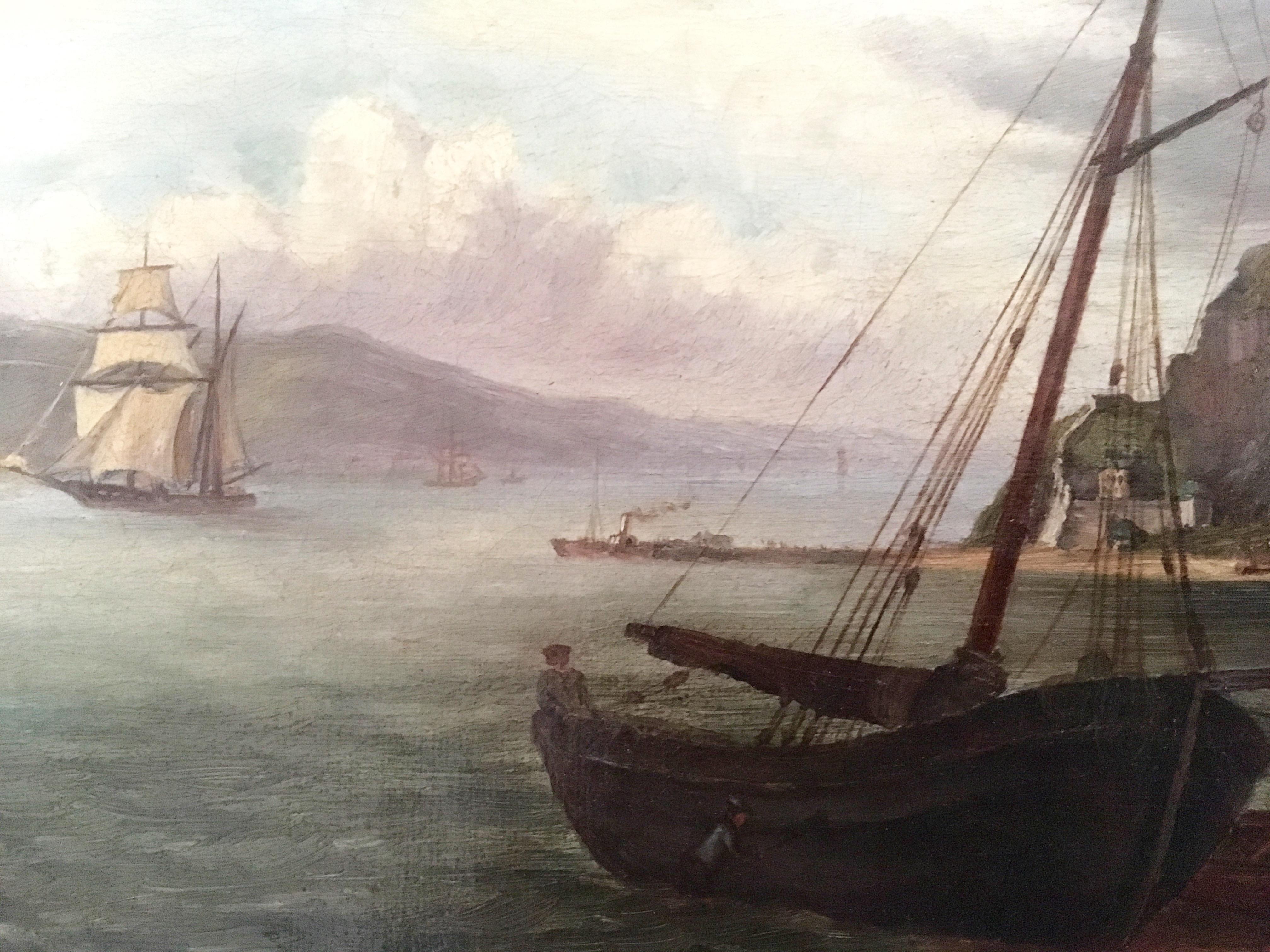 British Colonial Colonial Oil Painting, Fort with Steamship, Early Victorian