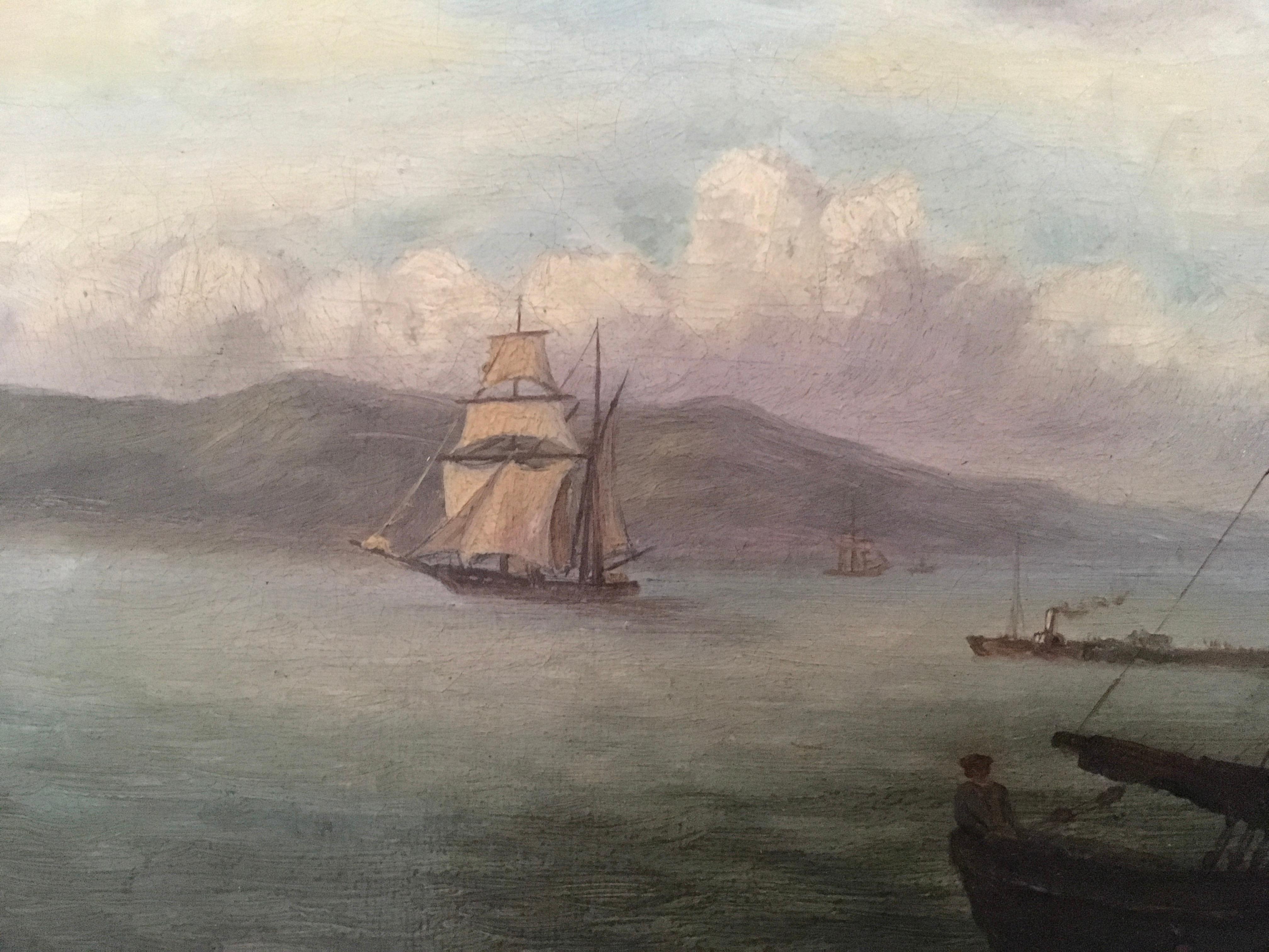 Mid-19th Century Colonial Oil Painting, Fort with Steamship, Early Victorian