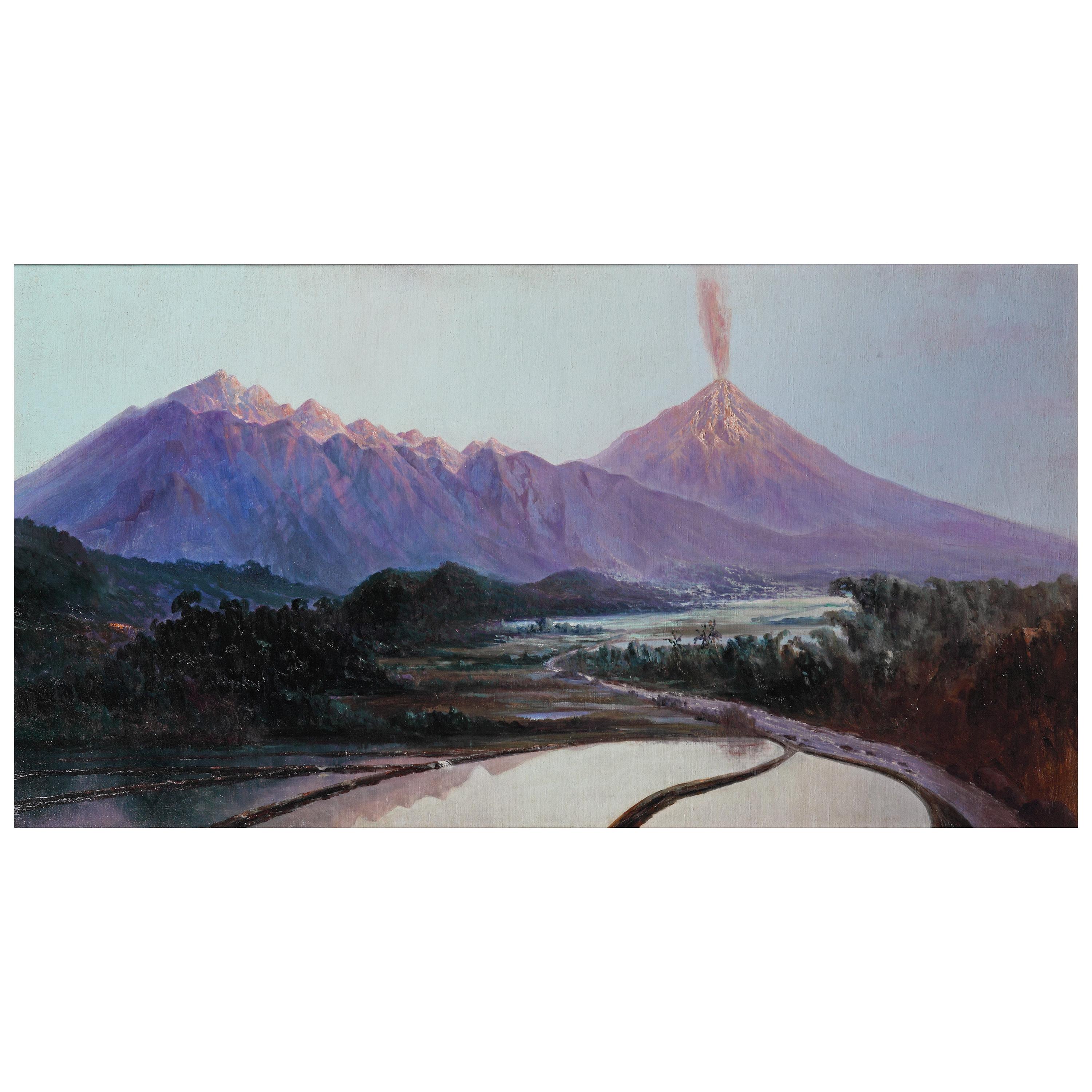 Colonial Painting by Willem Imandt of the Merapi & Meraboe Vulcano