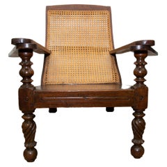 Antique Colonial Planter Chair, Walnut and Weaved Back Armchair