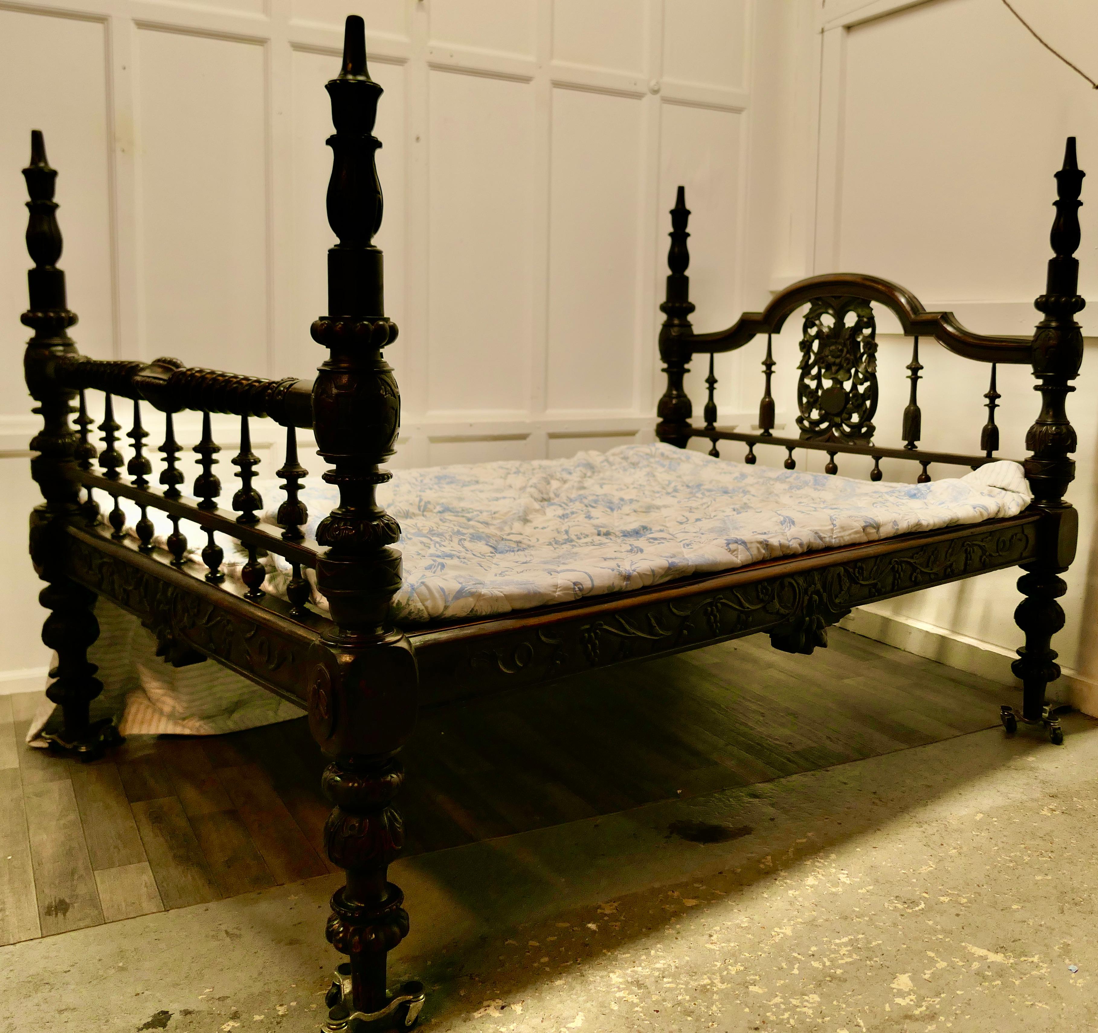 Elm Colonial Raj Double Bed, Anglo Indian Carved Double Bed