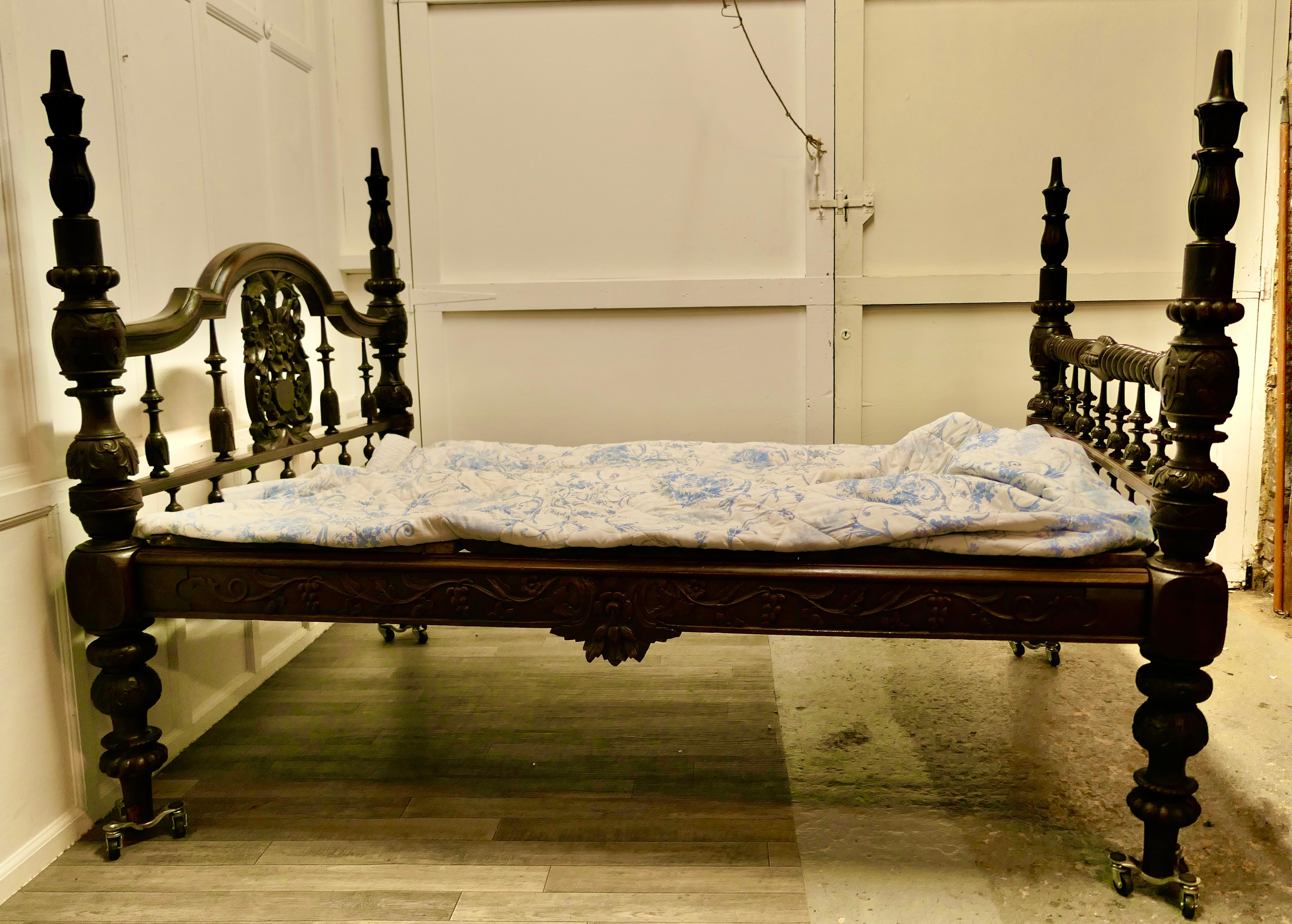 Colonial Raj Double Bed, Anglo Indian Carved Double Bed 1