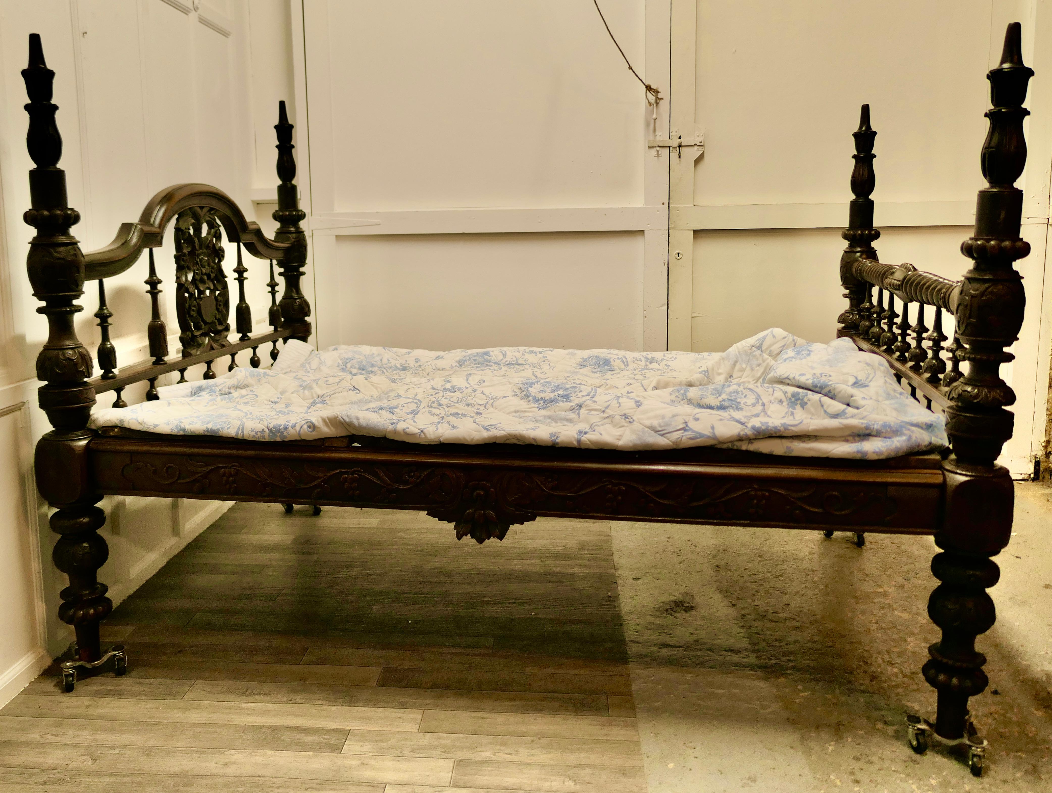 Colonial Raj Double Bed, Anglo Indian Carved Double Bed 2