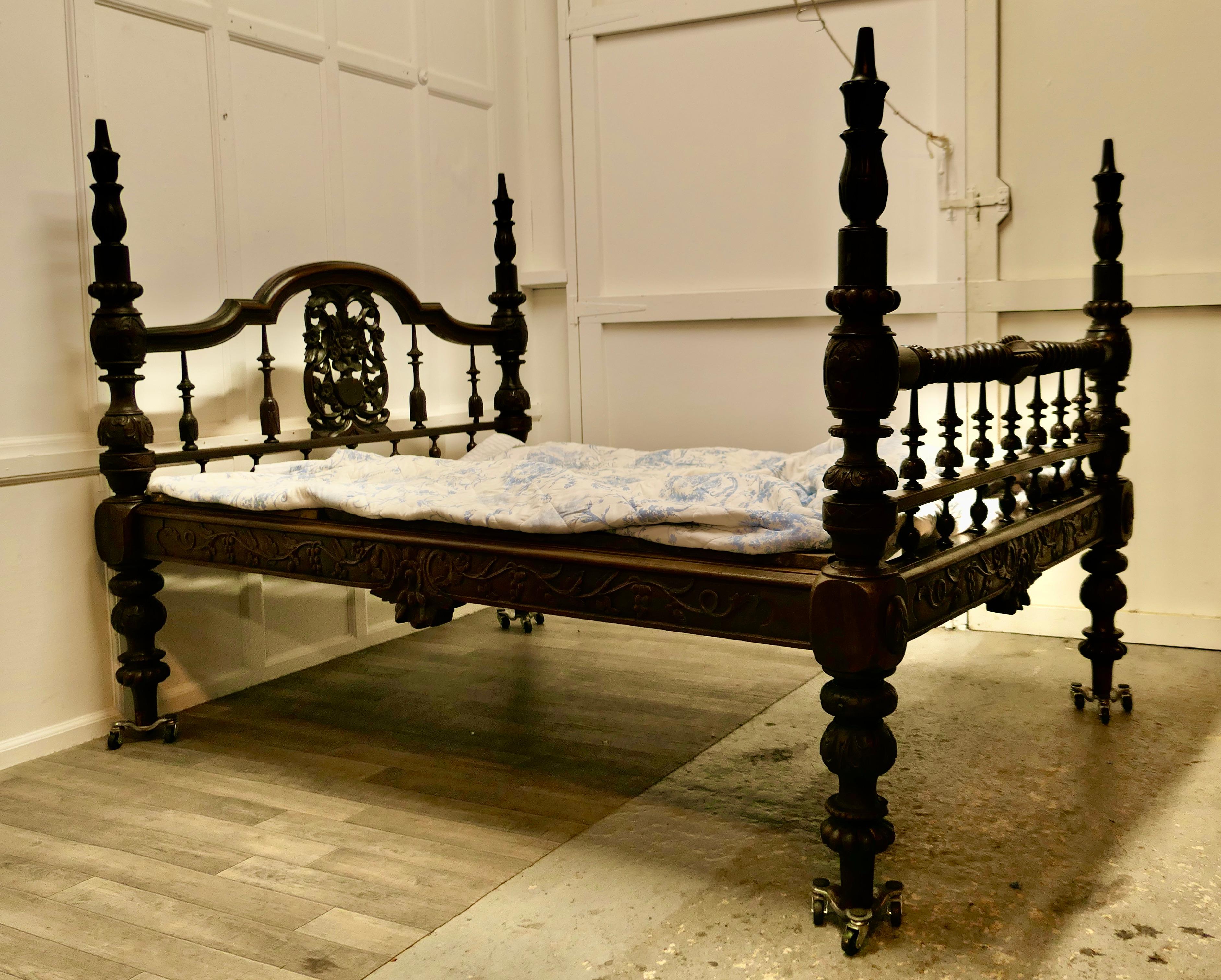 Colonial Raj Double Bed, Anglo Indian Carved Double Bed 3