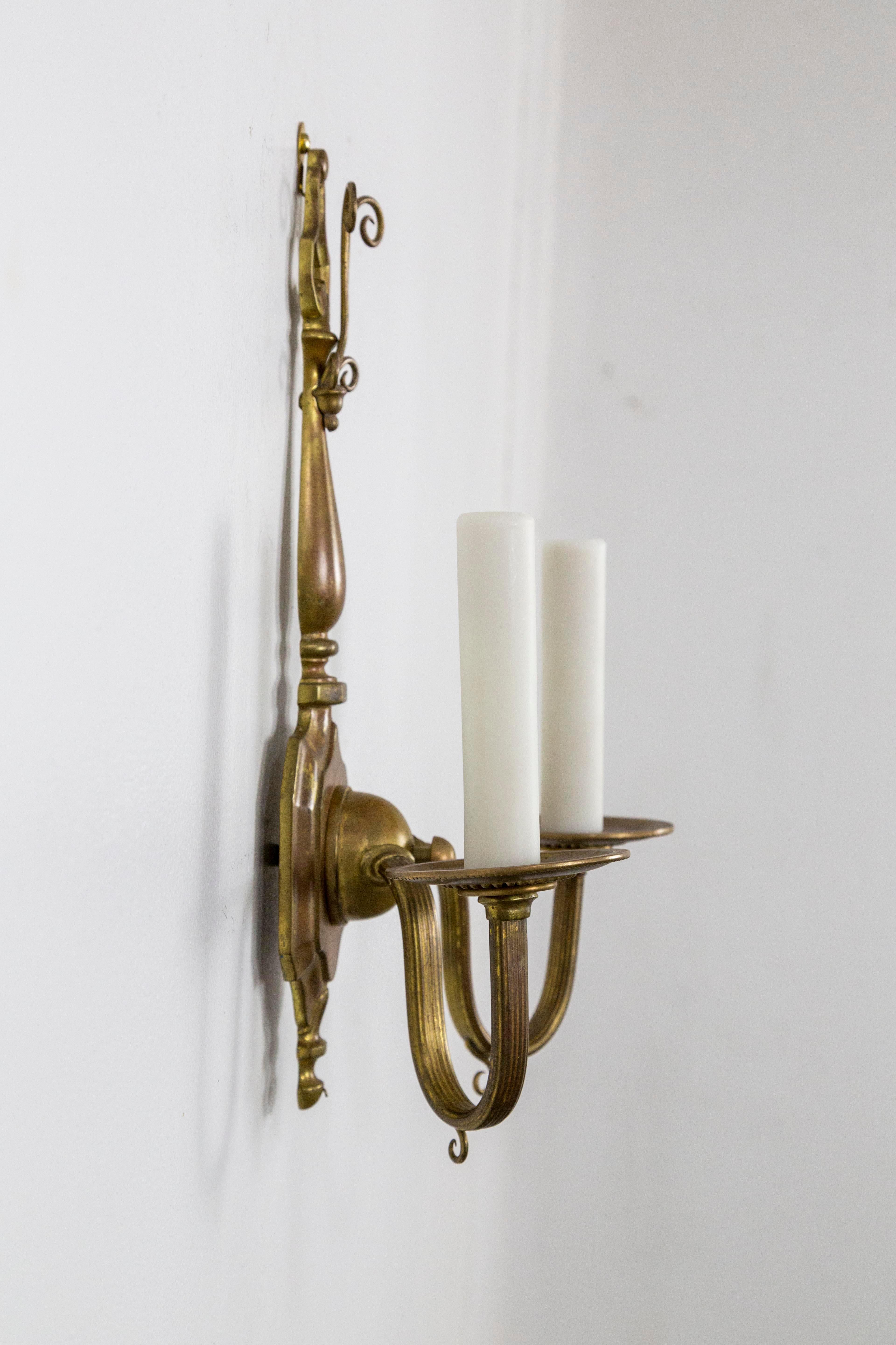North American Colonial Revival 2-Light Brass Sconces 'Pair'