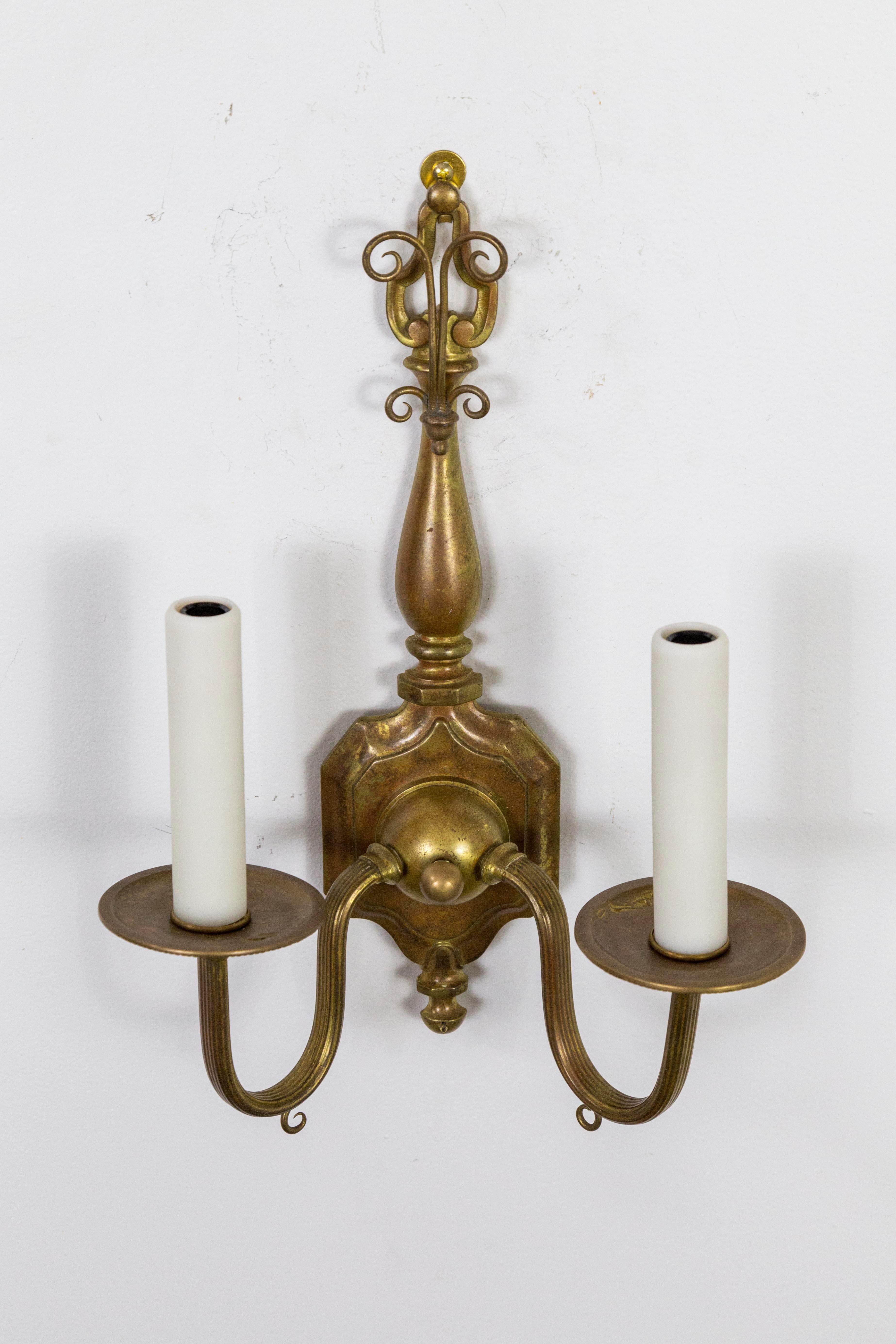 Colonial Revival 2-Light Brass Sconces 'Pair' In Good Condition In San Francisco, CA