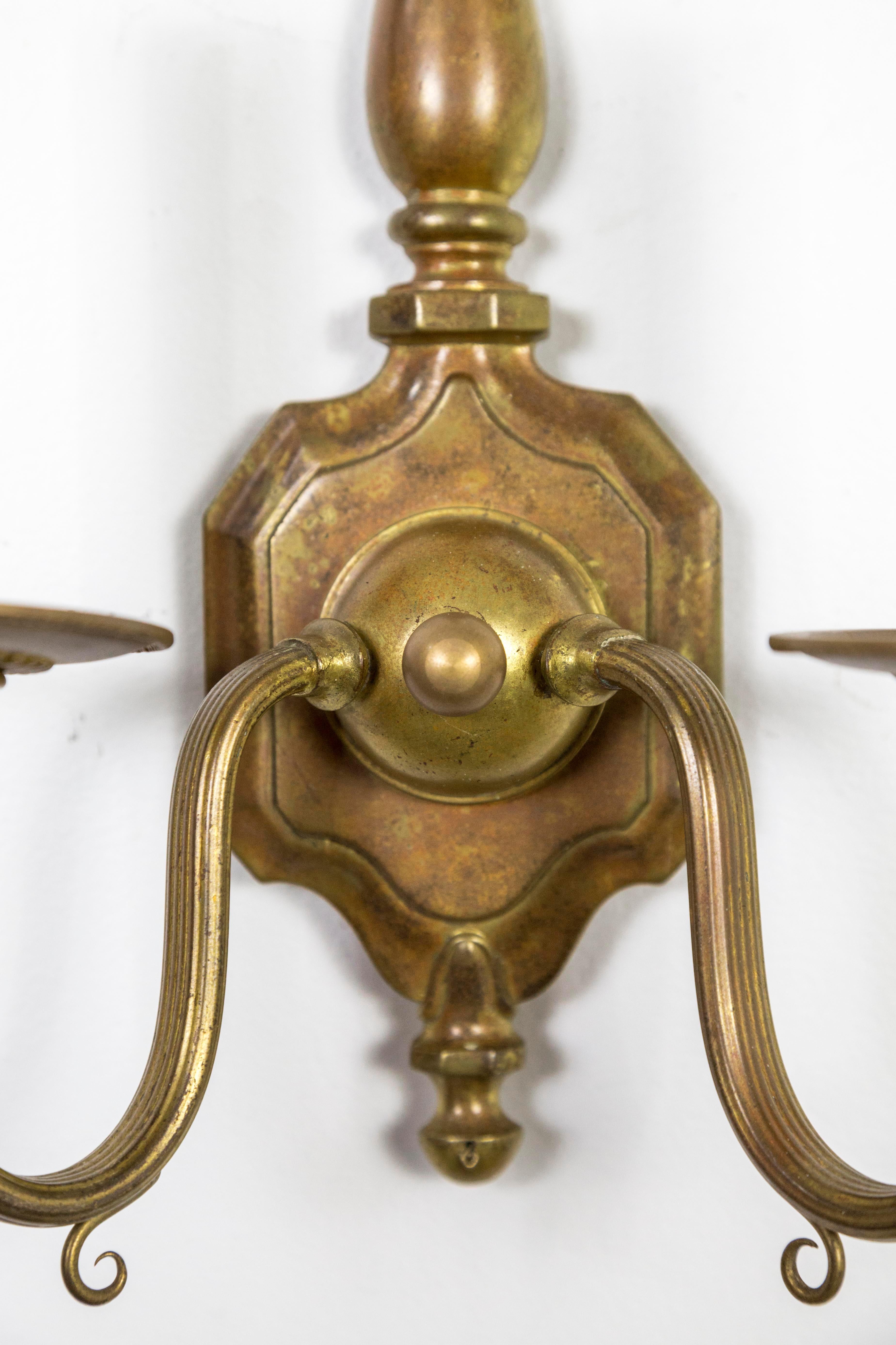 20th Century Colonial Revival 2-Light Brass Sconces 'Pair'