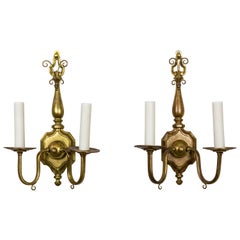 Antique Colonial Revival 2-Light Brass Sconces 'Pair'