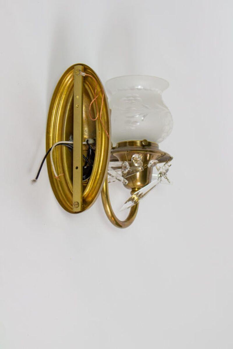 American Classical Colonial Revival Brass Sconces with Original Glass Shades and Crystal For Sale