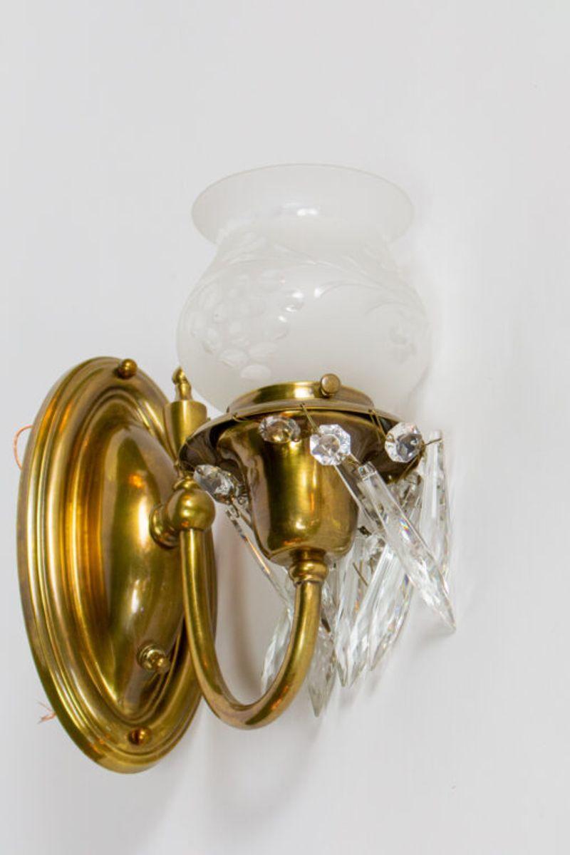 American Colonial Revival Brass Sconces with Original Glass Shades and Crystal For Sale