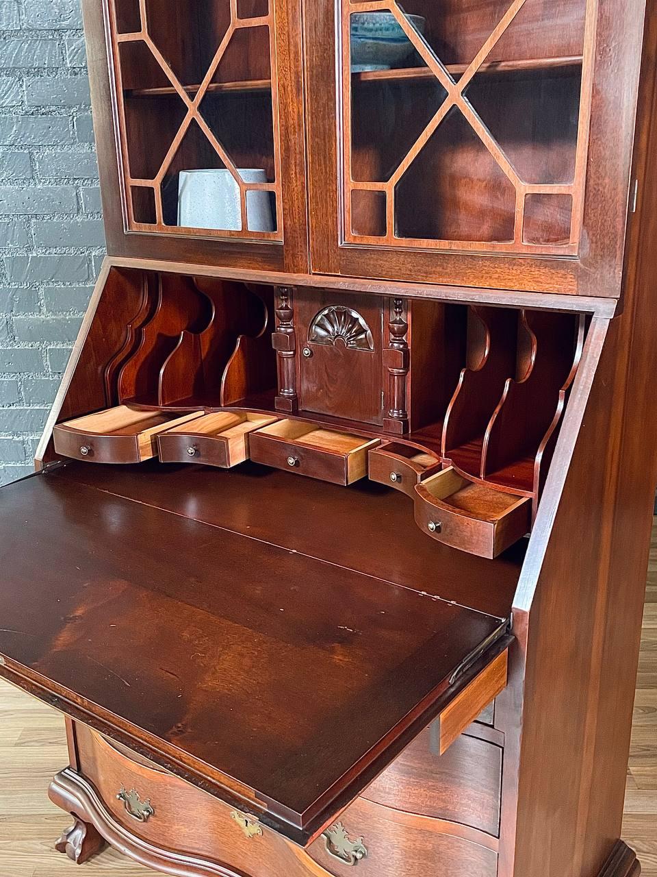 Brass Colonial Revival Secretary Desk w/ Glass Bookcase For Sale