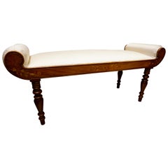 Colonial Rosewood and Satinwood Inlay Bench with Raw Silk Upholstery