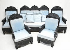 Colonial Settee Arm Chairs Antique India 3 Piece Suite Padauk Wood