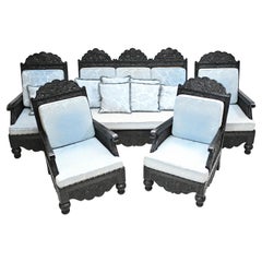 Ensemble 3 pièces de fauteuils de banquet colonial indiens anciens en bois de Padauk