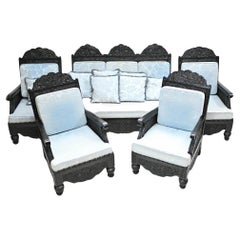 Ensemble 3 pièces de fauteuils de banquet colonial indiens anciens en bois de Padauk