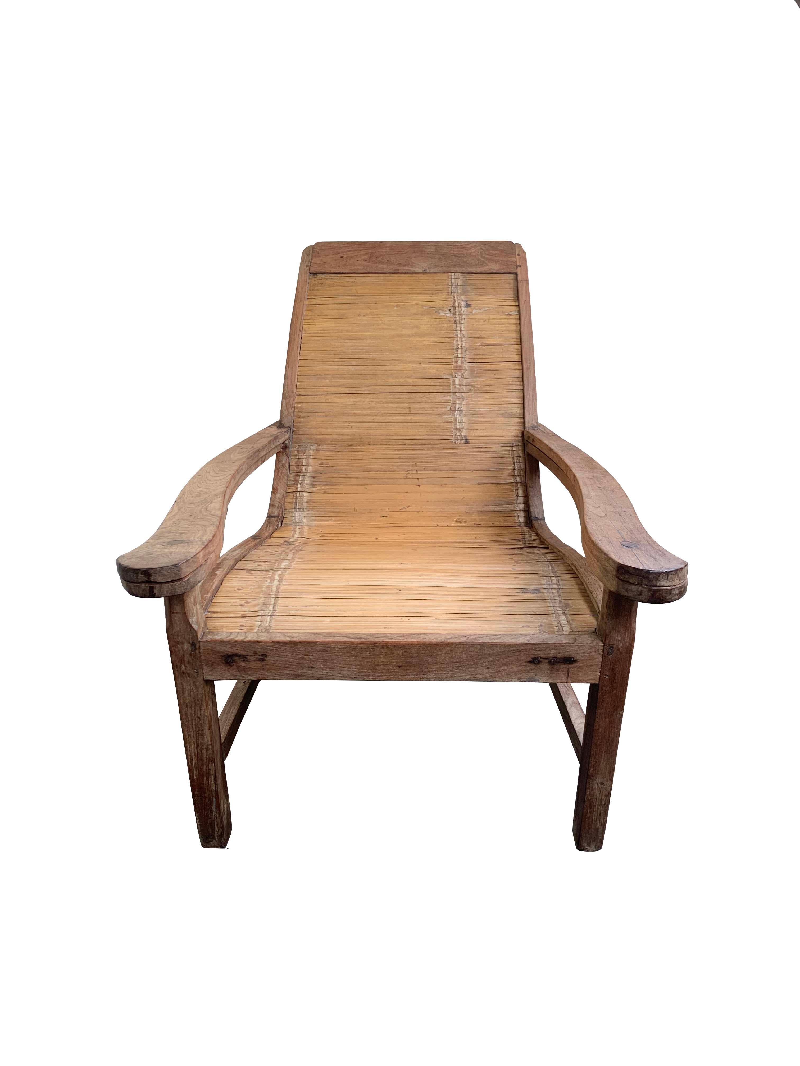 Dutch Colonial Colonial Solid Teak & Bamboo Plantation Chair with Leg Rests, Java, Indonesia