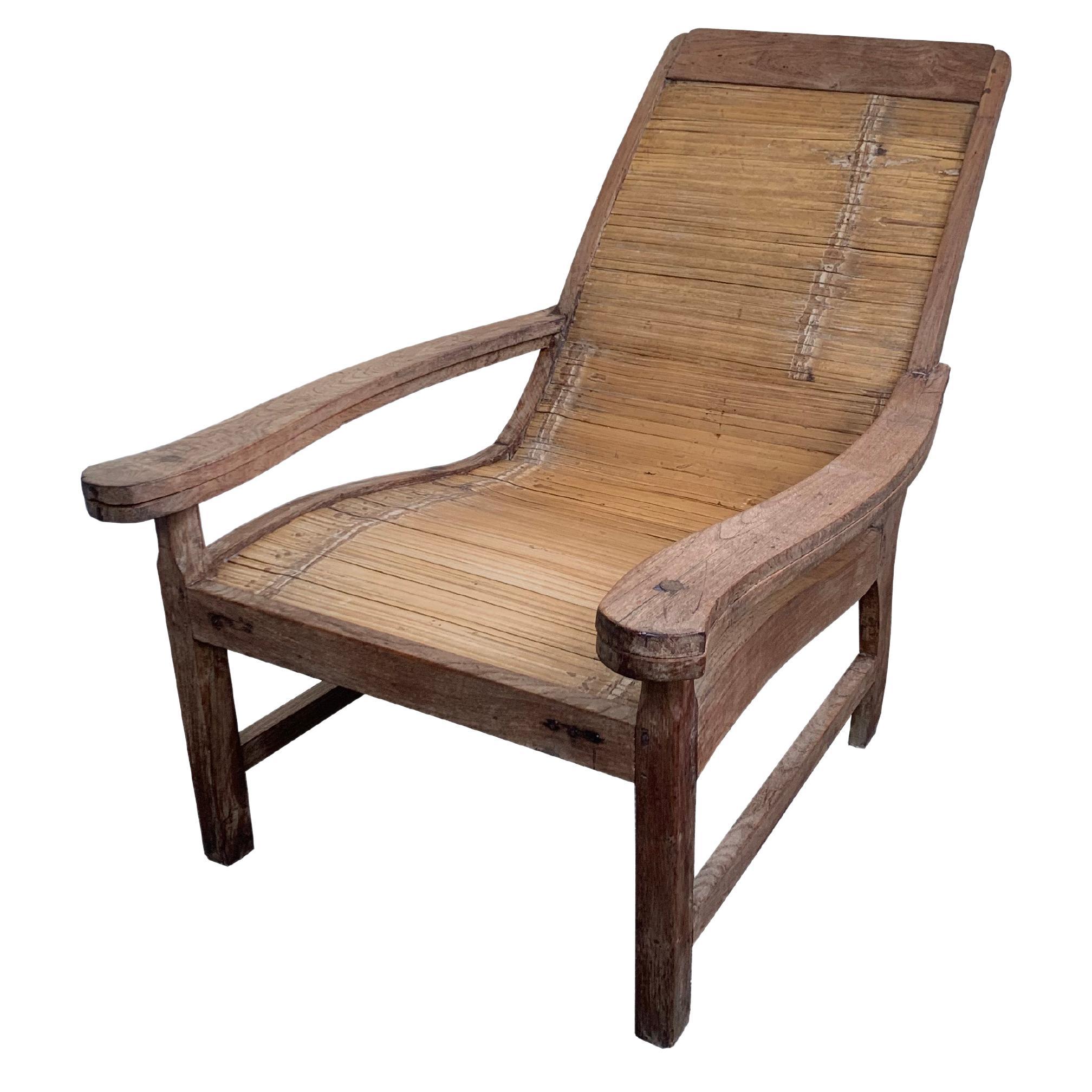 Colonial Solid Teak & Bamboo Plantation Chair with Leg Rests, Java, Indonesia