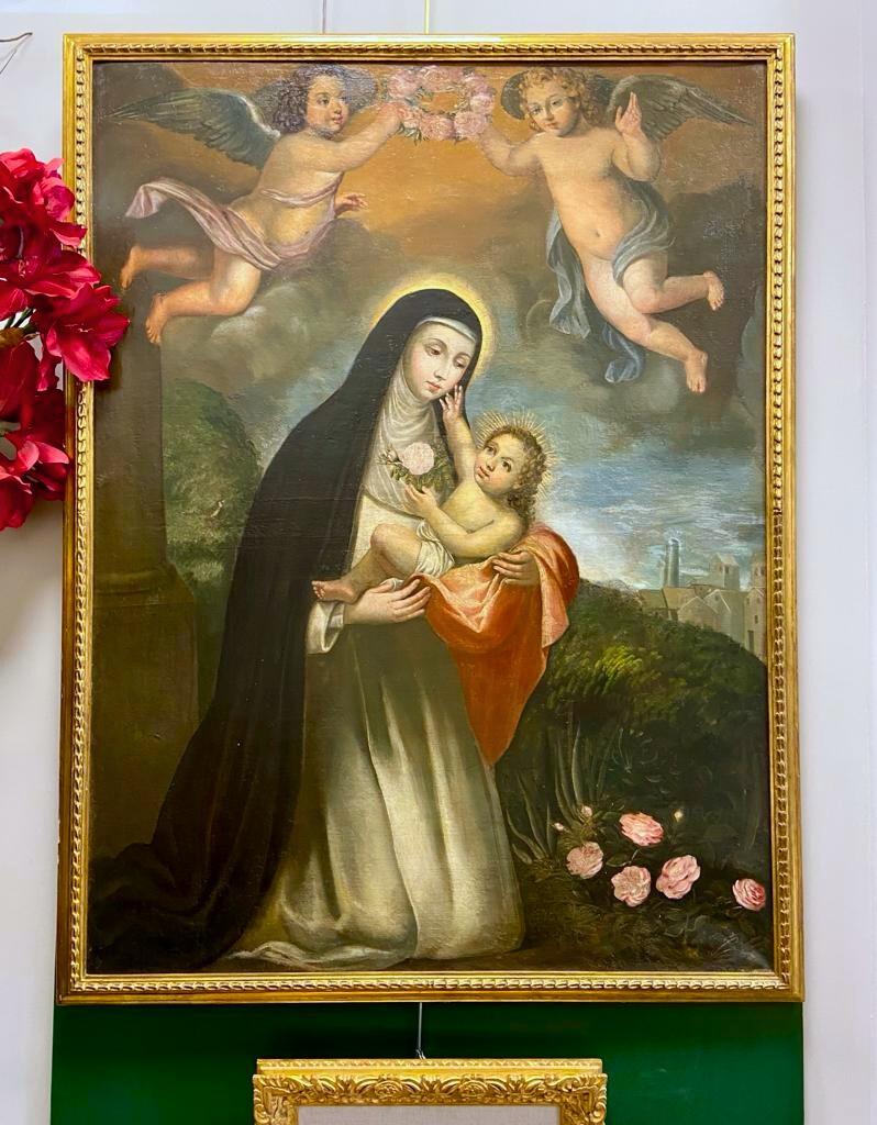 Einzigartiges Öl auf Leinwand aus dem 18. Jahrhundert mit der Darstellung der Heiligen Rose von Lima mit dem Jesuskind, Kolonialschule des Vizekönigreichs Peru. Die Heilige, die einen dominikanischen Tertiärhabit trägt, kniet vor dem Jesuskind, das