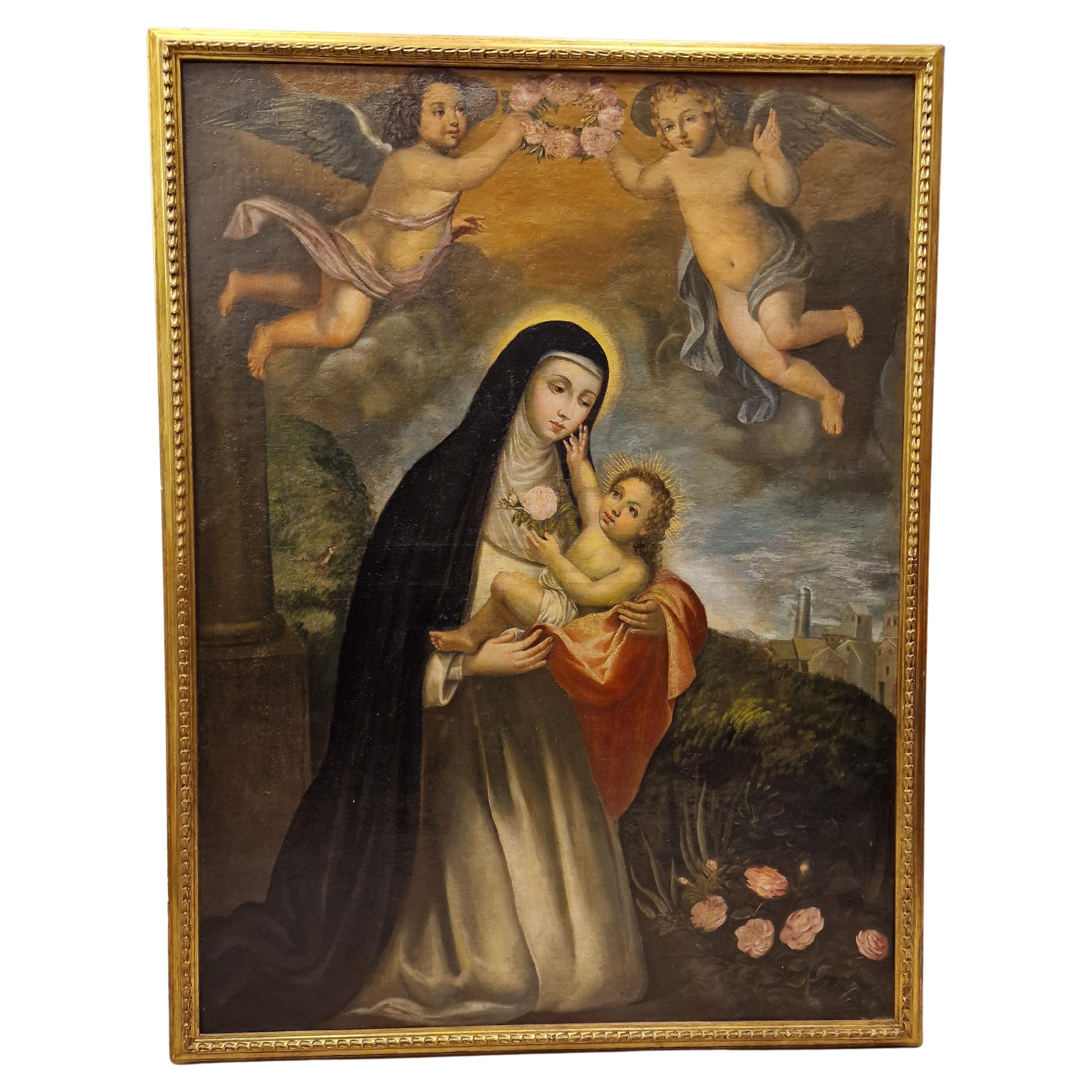 Huile sur toile coloniale espagnole « Saint Rose de Lima »