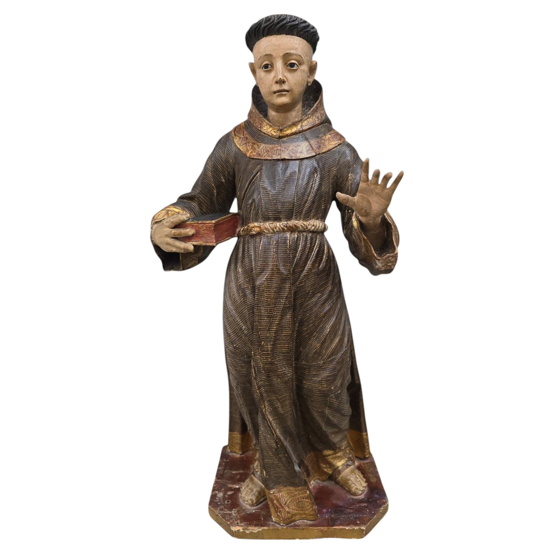 Colonial Spanish Polychrome Wood Sculpture of Saint Anthony of Padua, Late 17th
