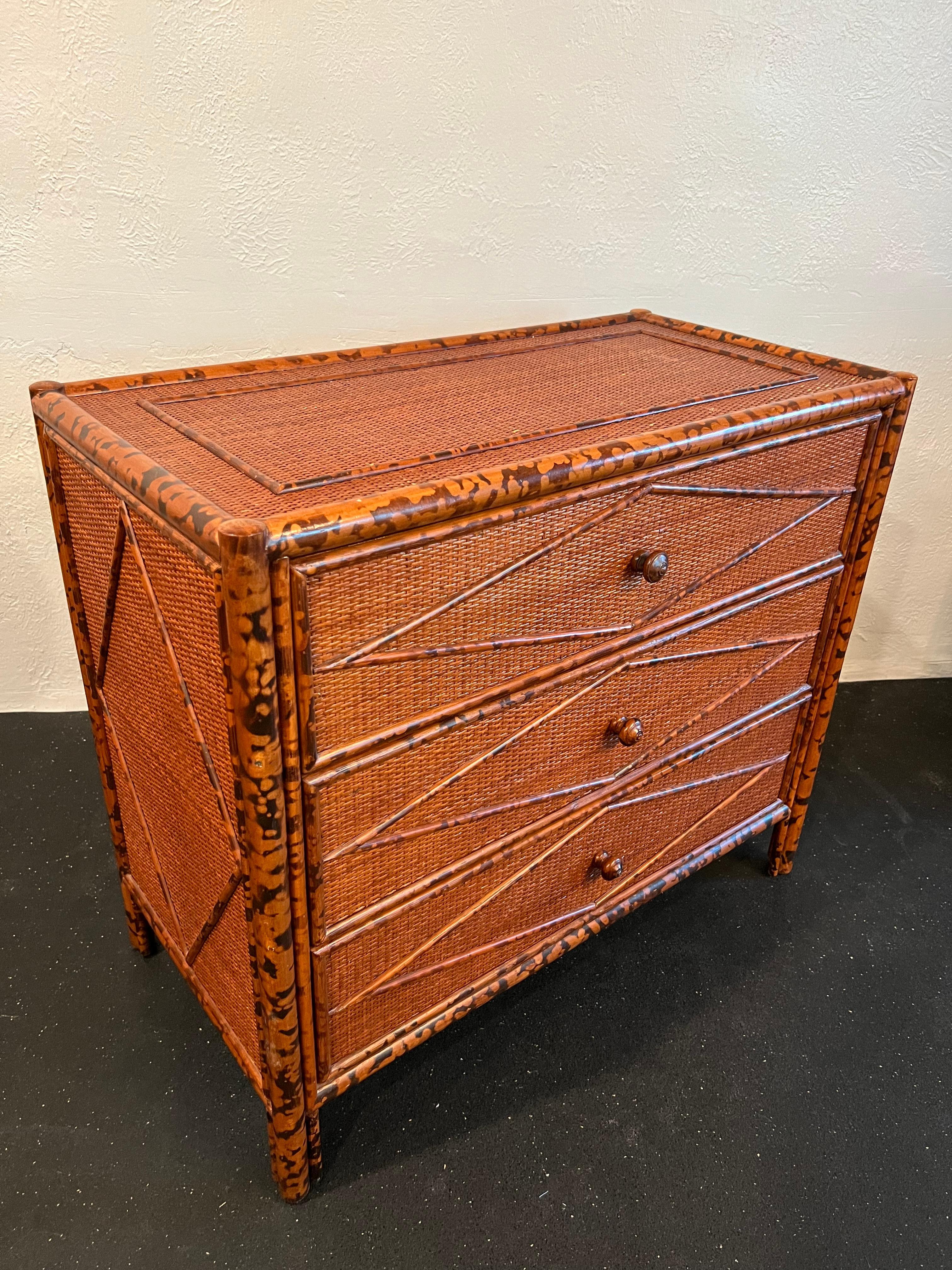 British Colonial Colonial Style Burnt Bamboo and Cane Chest of Drawers