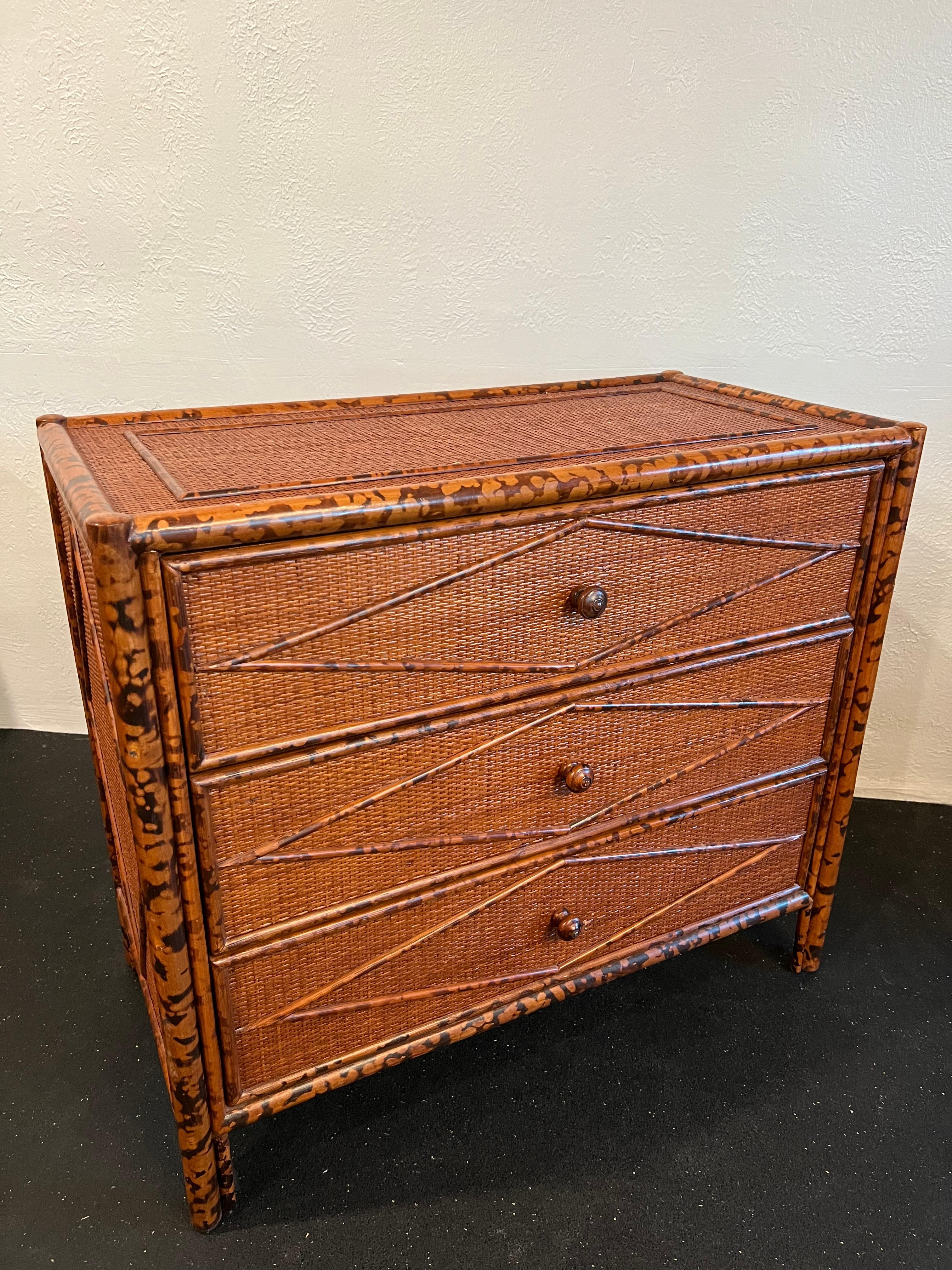 Unknown Colonial Style Burnt Bamboo and Cane Chest of Drawers