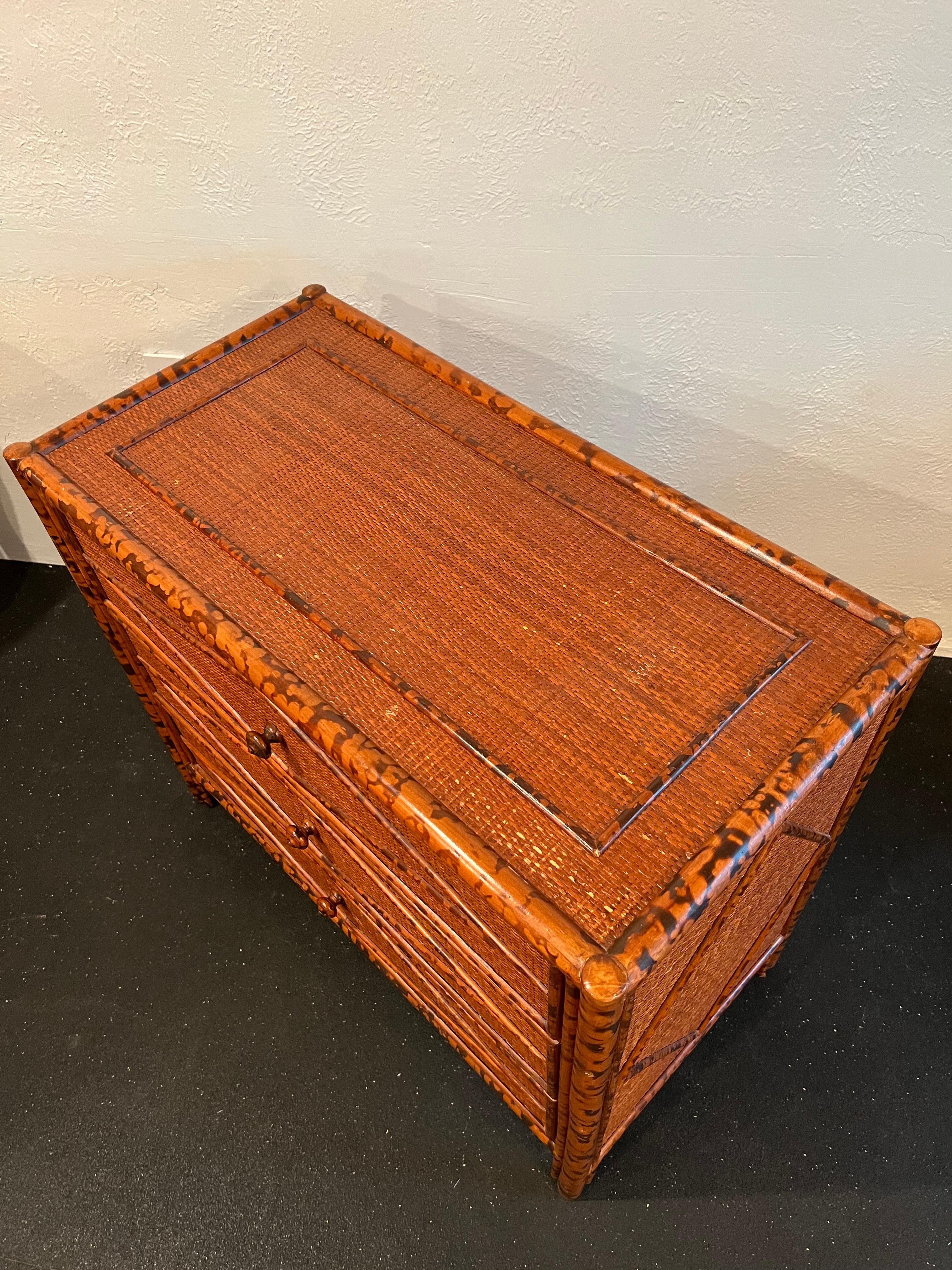 Colonial Style Burnt Bamboo and Cane Chest of Drawers In Good Condition In West Palm Beach, FL