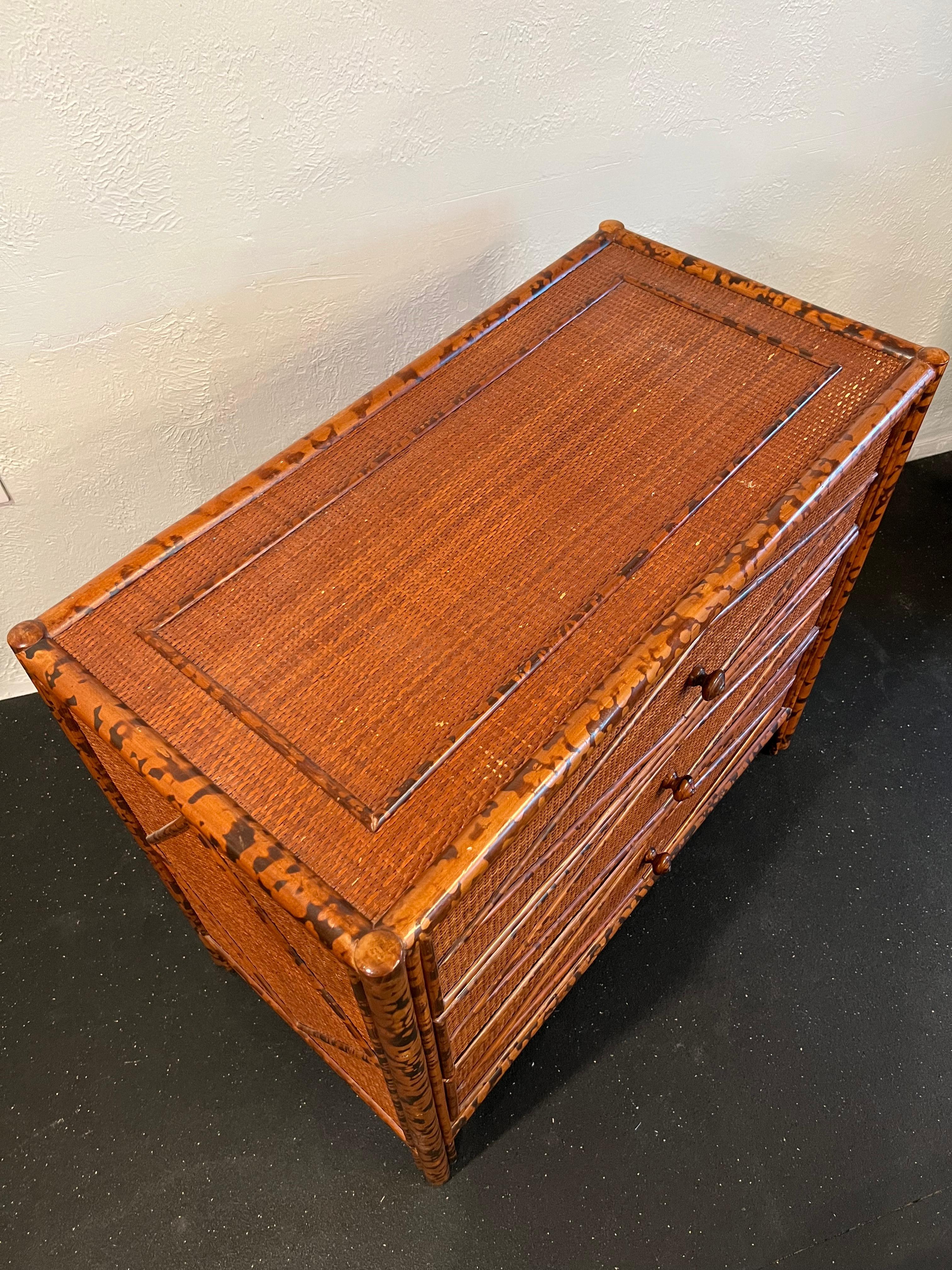 Late 20th Century Colonial Style Burnt Bamboo and Cane Chest of Drawers