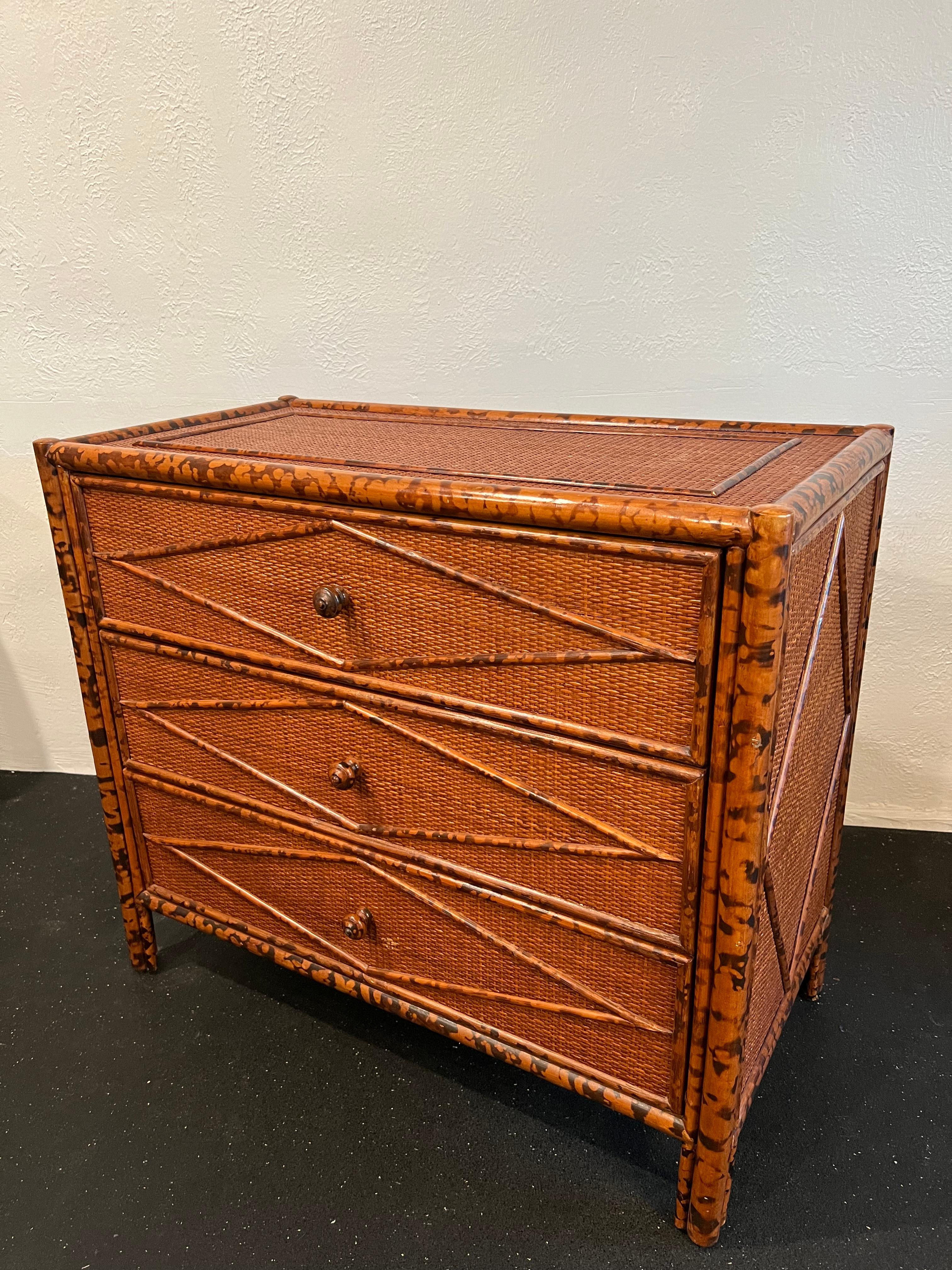 Colonial Style Burnt Bamboo and Cane Chest of Drawers 1