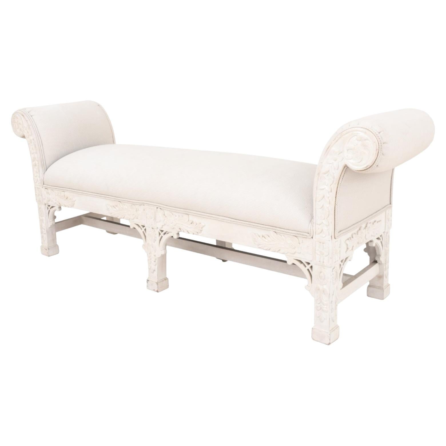 Colonial Style Carved Wood Upholstered Bench