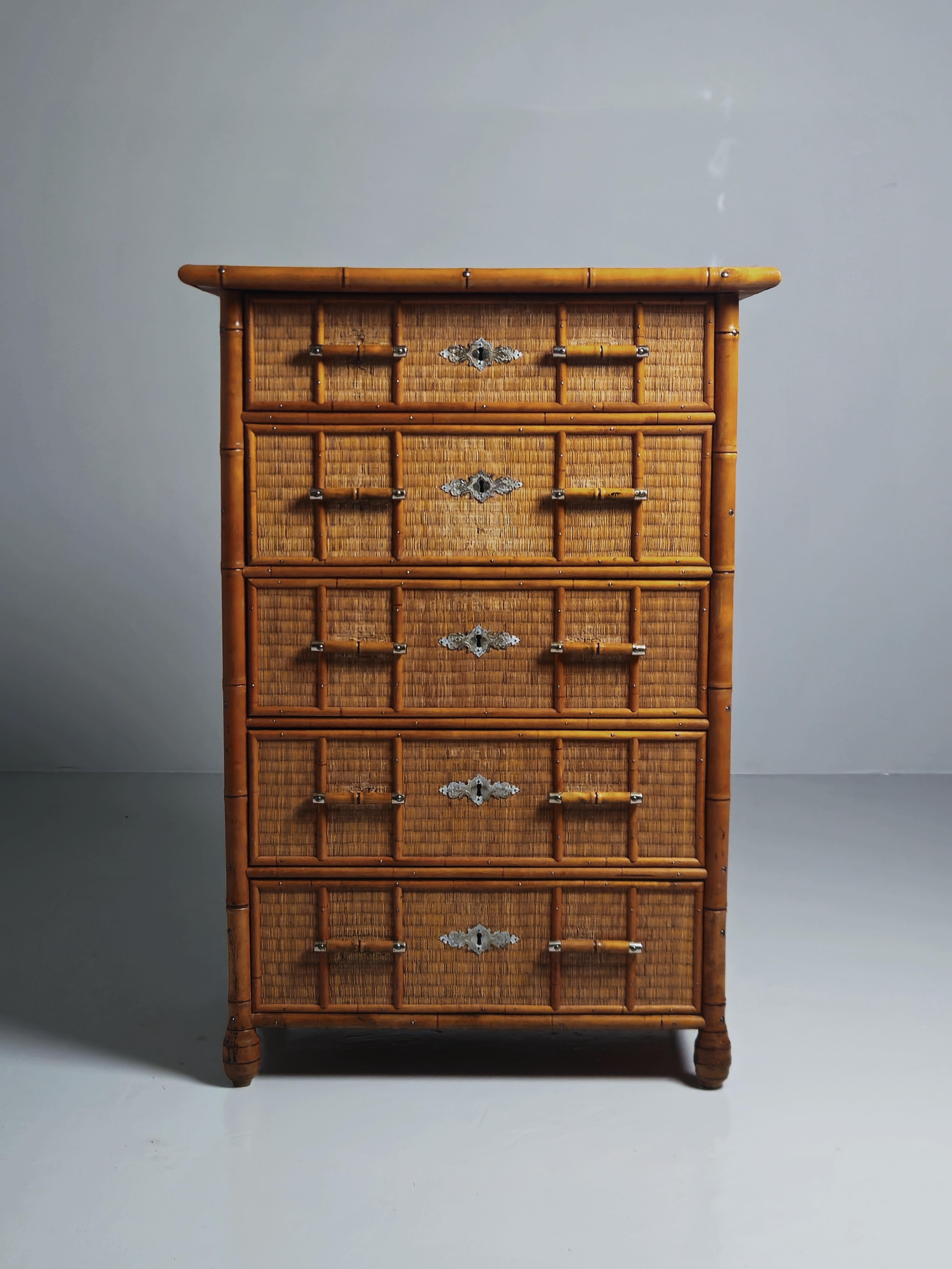 Great chest of drawers, model No 555, produced by Bodafors, Sweden, during the 1890s.

Made with bamboo imitation in cut beech, five drawers with fronts covered with Japanese straw mats and nickel-plated fittings.
