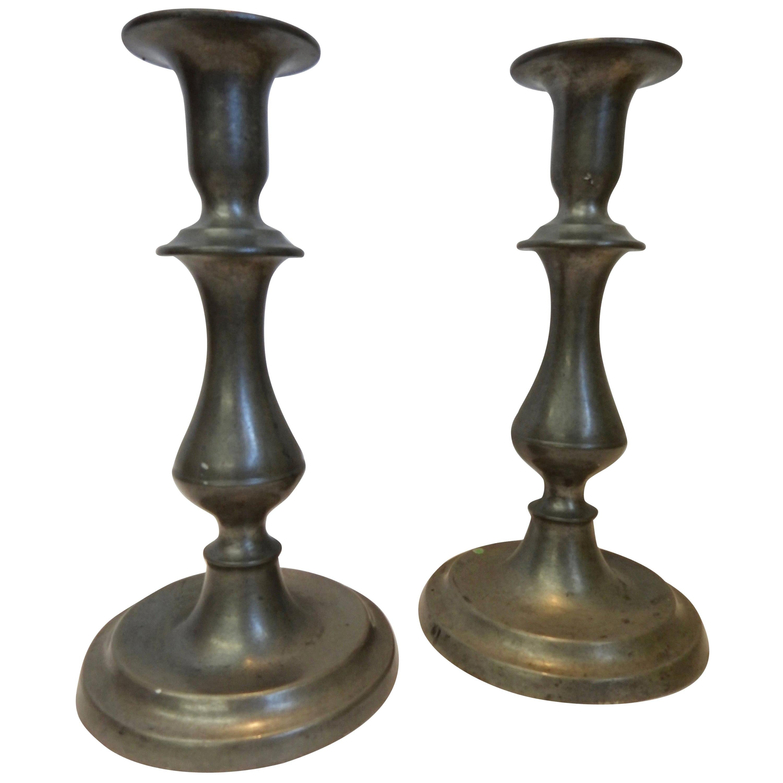 Colonial Style Pewter Taper Candlesticks, Pair For Sale